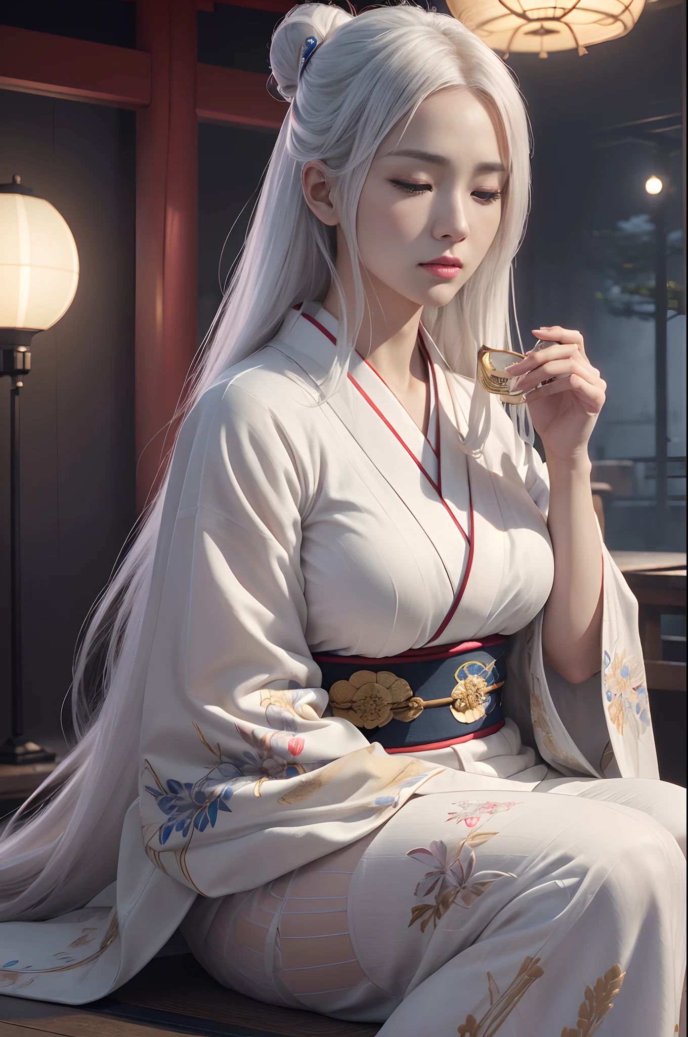 Traditional kimono with Japan eyes closed、Chrysanthemum、with floral pattern,Personification of the white snake,long white hair,Holding a dagger,sneering,(RAW shooting)、(hyper realstic、Top image quality)、8k、(realisitic、photoRealstic:1.3)、masterpiece、超A high resolution、Stunning big、((Beautiful 35 year old Japan:1.3)Crystal clear white skin,Close your eyes tightly,A sexy,Natural soft light、(film grains、FujifilmXT3、8k uhd、Digital SLR、lens)、Hollywood lips、Wide jawline、wide lips、narrow beautiful nose、movie、(Up to 8K resolution for photos、complexly detailed、Convoluted、elegent、Expansiveness、Fantastical)、ultra-detailliert、Insane details、Beautifully color graded、unrealengine、The degree of freedom、Hyper-Resolution、Megapixel、cinematic lightening、Anti-aliasing、FKAA、TXAA、RTX、SSAO、Post-processing、Post Production、tonemapping、CGI、VFX、SFX、Insanely detailed and interesting、Hyper maximalist、hyper realstic、Volumetric、ultra photoreal、ultra -detail、intricate detailes、ultra -detail、fulcolor、Volume Lightning、HDR、reallistic、unrealengine、16K、Foconitide、octan render