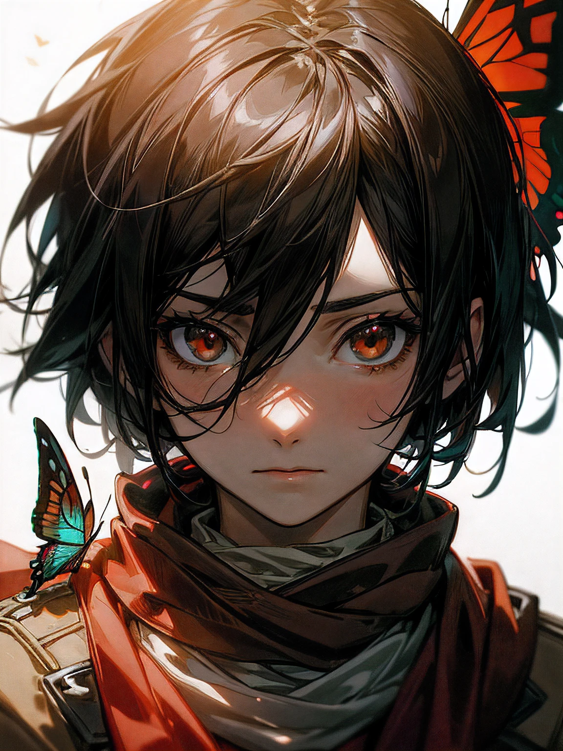 (((Mikasa Ackerman in Paradise uniform with a butterfly on her shoulder)), white background, red scarf, brown eyes, portrait), detailed, realistic portrait, high-quality, professional photograph, soft lighting, sharp details, 3D model, Blender, HD resolution, Mikasa Ackerman, character from Attack on Titan anime, clean composition, close-up view, butterfly, symbol of freedom and beauty