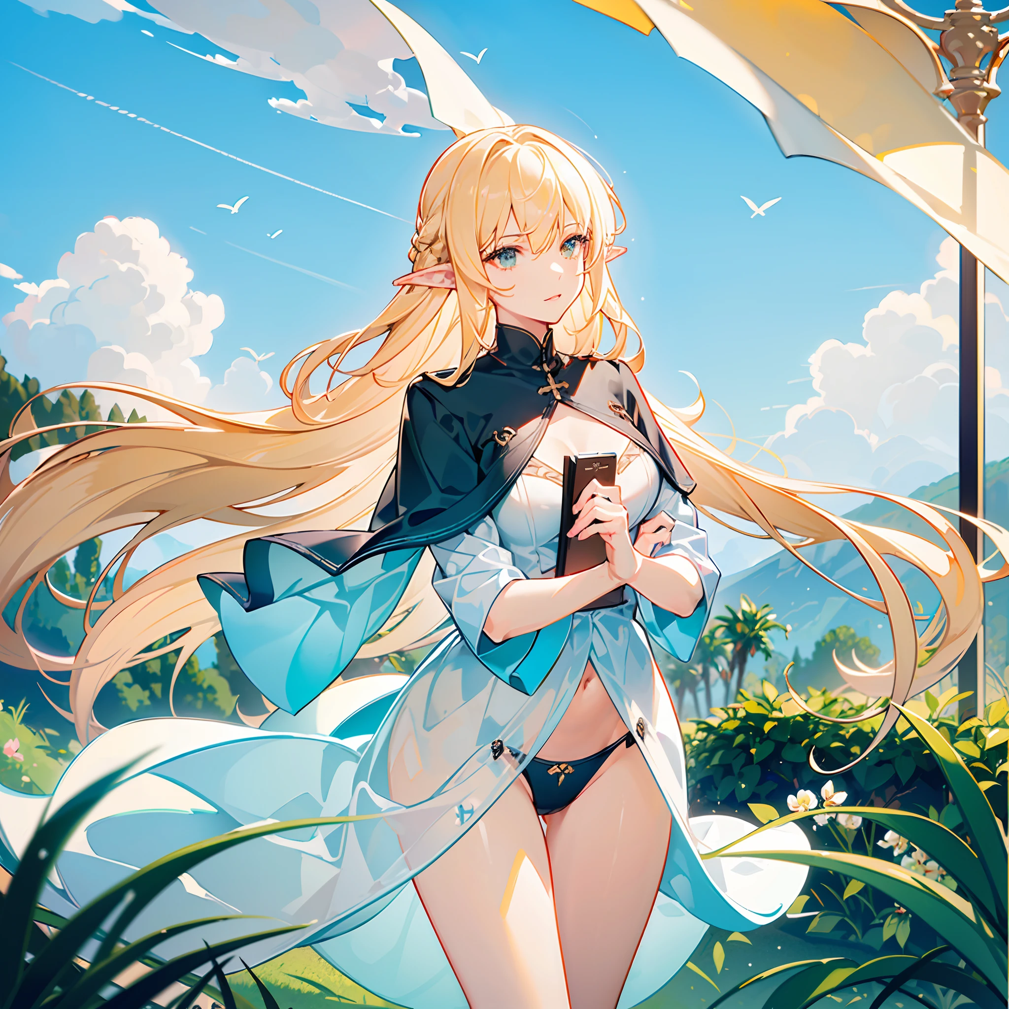 ((Masterpiece)), (((Best quality))), ((Ultra-detailed)),  (Amazing:1.1), Beautiful, Nature, sky and ground, Big wind, wind blown, Line Cloud,Light shoot from the cloud, In the middle of a lush remote foliage jungle，(1 girl:1.3),solo,Elf,blondly,long hair,Ancient Greek style robes,(upperboob outcut:1.3),(Pubic and thigh outcuts:1.3), an award winning photograph, BLN-L24, exposure,High contrast,Low saturation,High saturation 8k 3D, F 2.8lens, Aerial view, Cinematic lighting