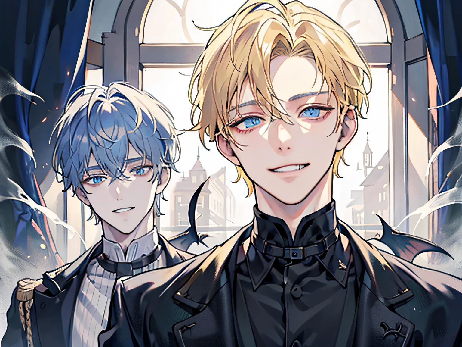 a handsome man,1 boy, Blonde hair, Blue eyes, 20 years old,,Shaded face、Scary smile、Psychopathic grin,creepy expression