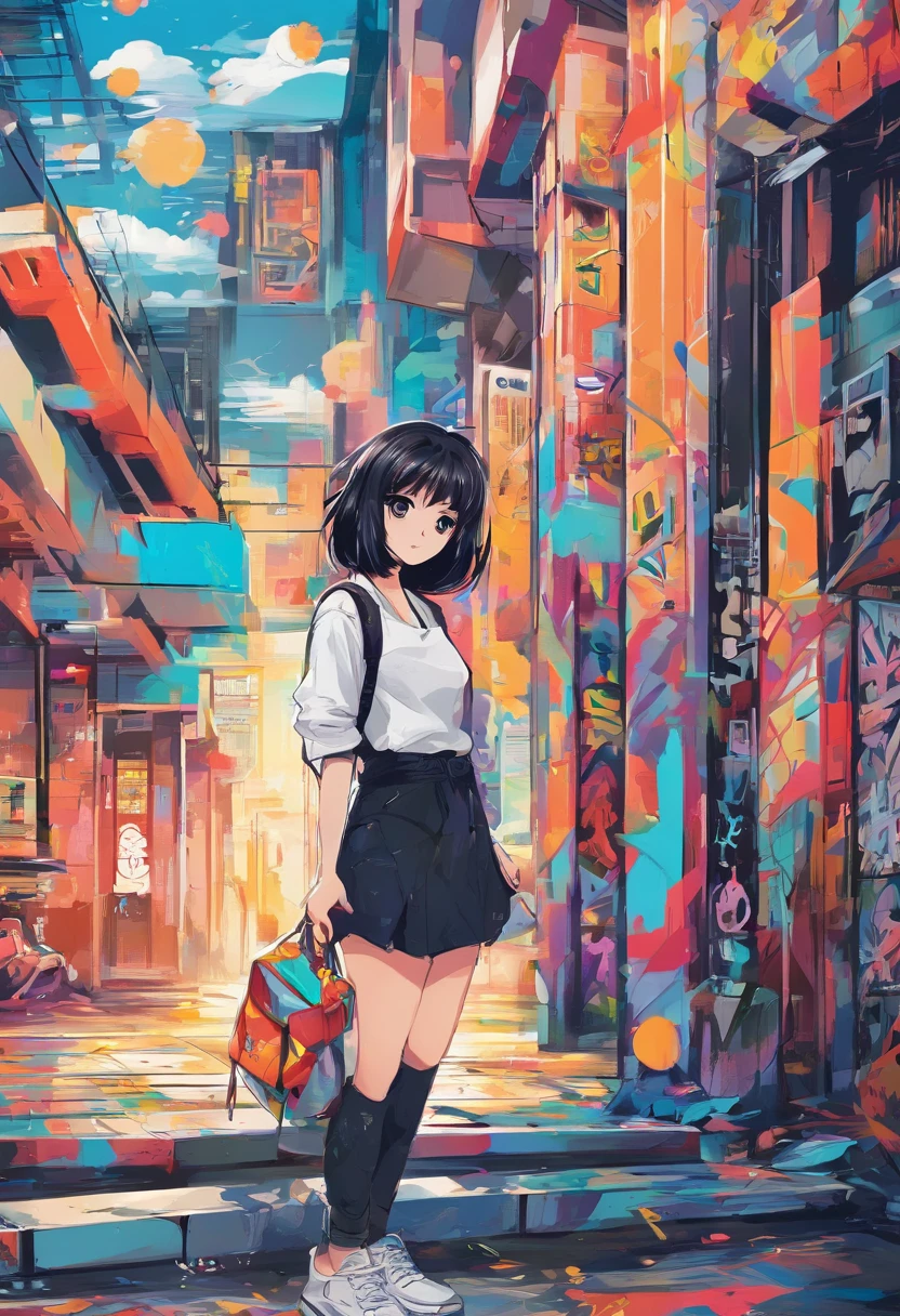 Oil Style、digitalart、1990s anime style、Black Hair Bob、Japan beautiful girl、18year old