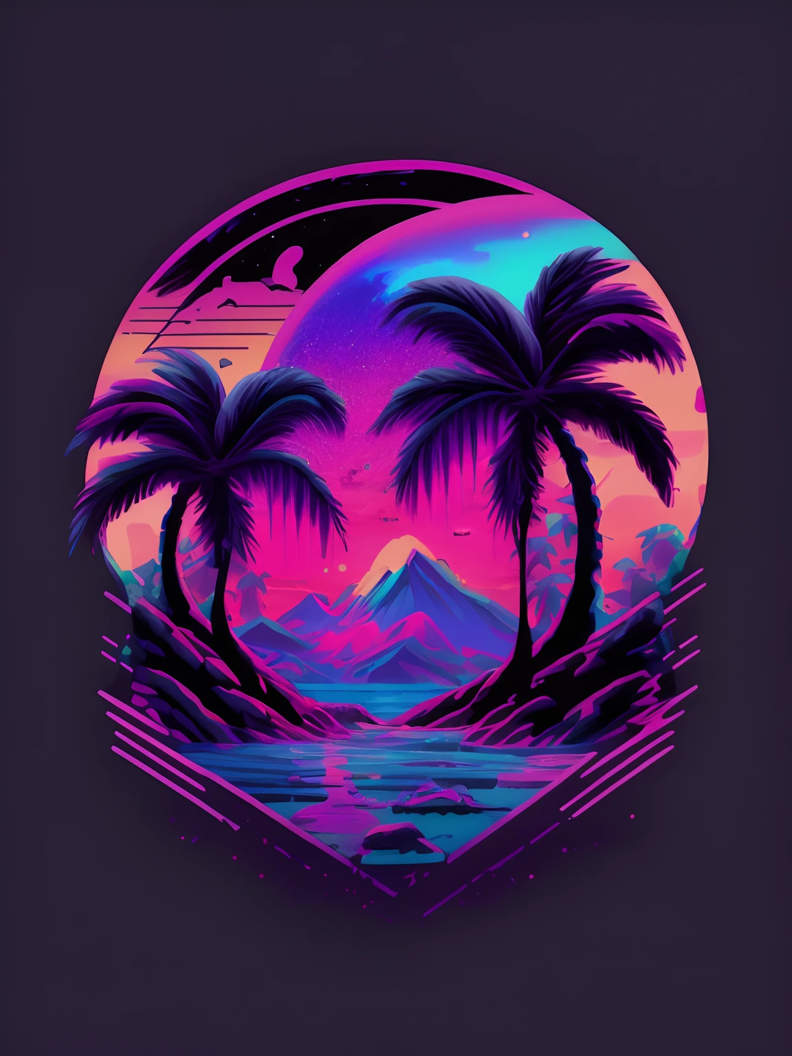 An image of a sunset scene with palm trees and a mountain, Style artistique synthwave, masterpiece epic retrowave art, epic retrowave art, Coucher de soleil Vaporwave, Art rétrowave, Art de la synthwave, Couleurs Retrowave, Style synthwave, Couleurs synthwave, outrun art style, Style rétrowave, retrowave epic art, Couleurs synthwave