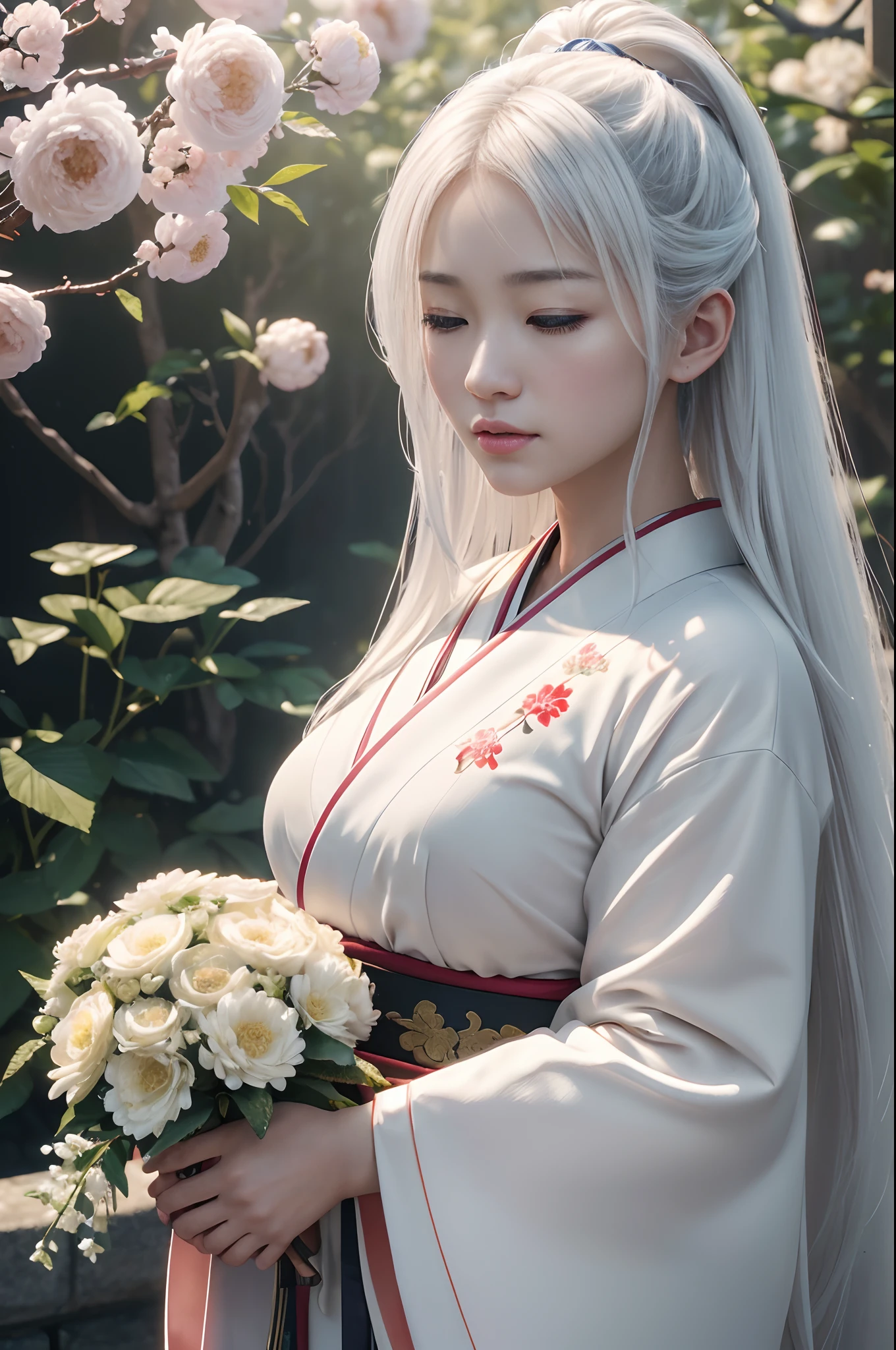 Traditional kimono with Japan eyes closed、Chrysanthemum、with floral pattern,Personification of the white snake,long white hair,Holding a dagger,sneering,(RAW shooting)、(hyper realstic、Top image quality)、8k、(realisitic、photoRealstic:1.3)、​masterpiece、超A high resolution、Stunning big、((Beautiful 35 year old Japan:1.3)Crystal clear white skin,Close your eyes tightly,A sexy,Natural soft light、(film grains、FujifilmXT3、8k uhd、Digital SLR、lens)、Hollywood lips、Wide jawline、wide lips、narrow beautiful nose、movie、(Up to 8K resolution for photos、complexly detailed、Convoluted、elegent、Expansiveness、Fantastical)、ultra-detailliert、Insane details、Beautifully color graded、unrealengine、The degree of freedom、Hyper-Resolution、Megapixel、cinematic lightening、Anti-aliasing、FKAA、TXAA、RTX、SSAO、Post-processing、Post Production、tonemapping、CGI、VFX、SFX、Insanely detailed and interesting、Hyper maximalist、hyper realstic、Volumetric、ultra photoreal、ultra -detail、intricate detailes、ultra -detail、fulcolor、Volume Lightning、HDR、reallistic、unrealengine、16K、Foconitide、octan render