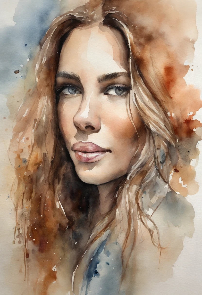 Retrato de uma jovem muito bonita, gordinha, cabelo loiro, nua com o dedo na boca.