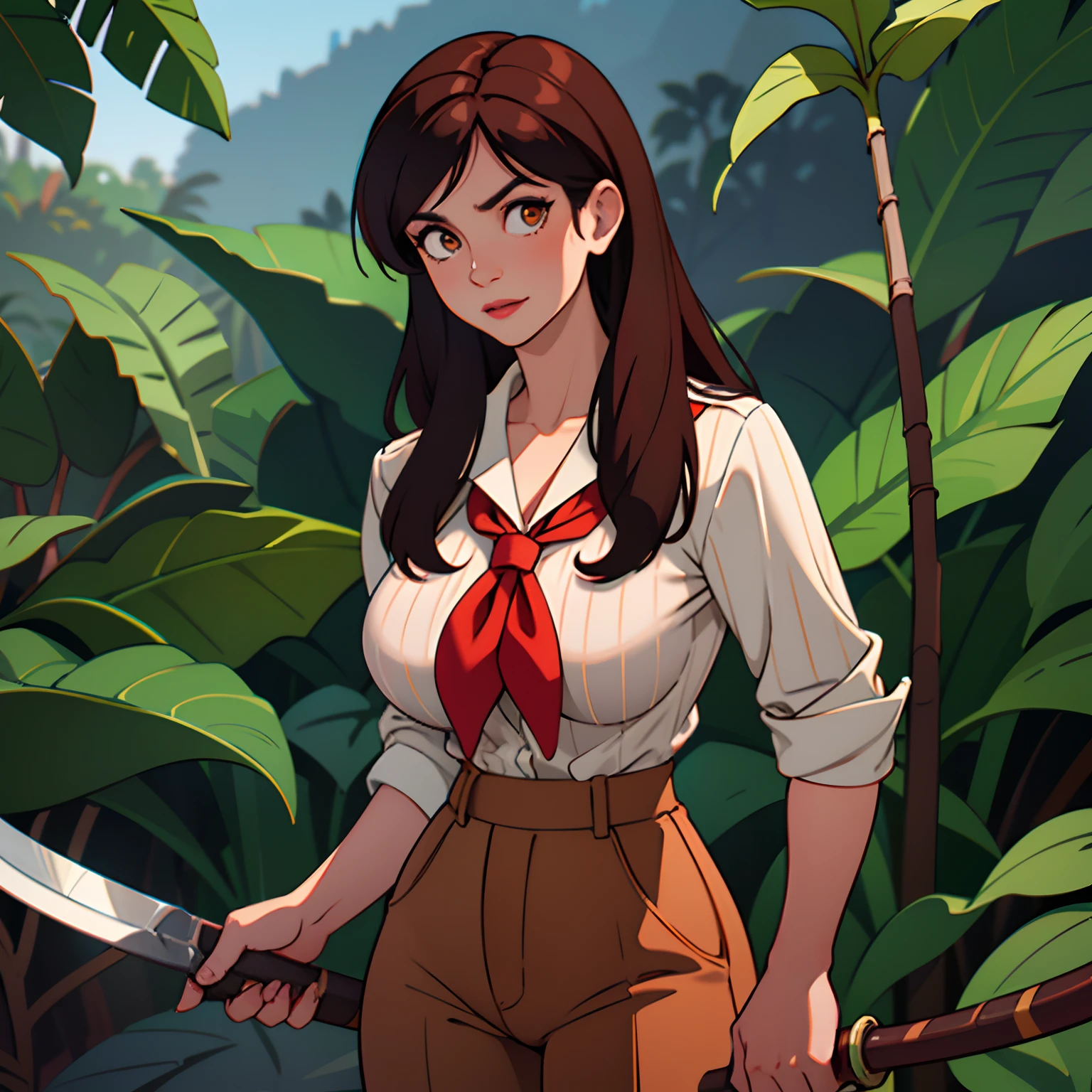 large format photo of DeniseMilani, copper skin, tan skin, long hair, red neckerchief, white button pinstripe shirt, brown pants, jungle, searching, chopping leaves with machete,, upper body, cinematic lighting, eye level,