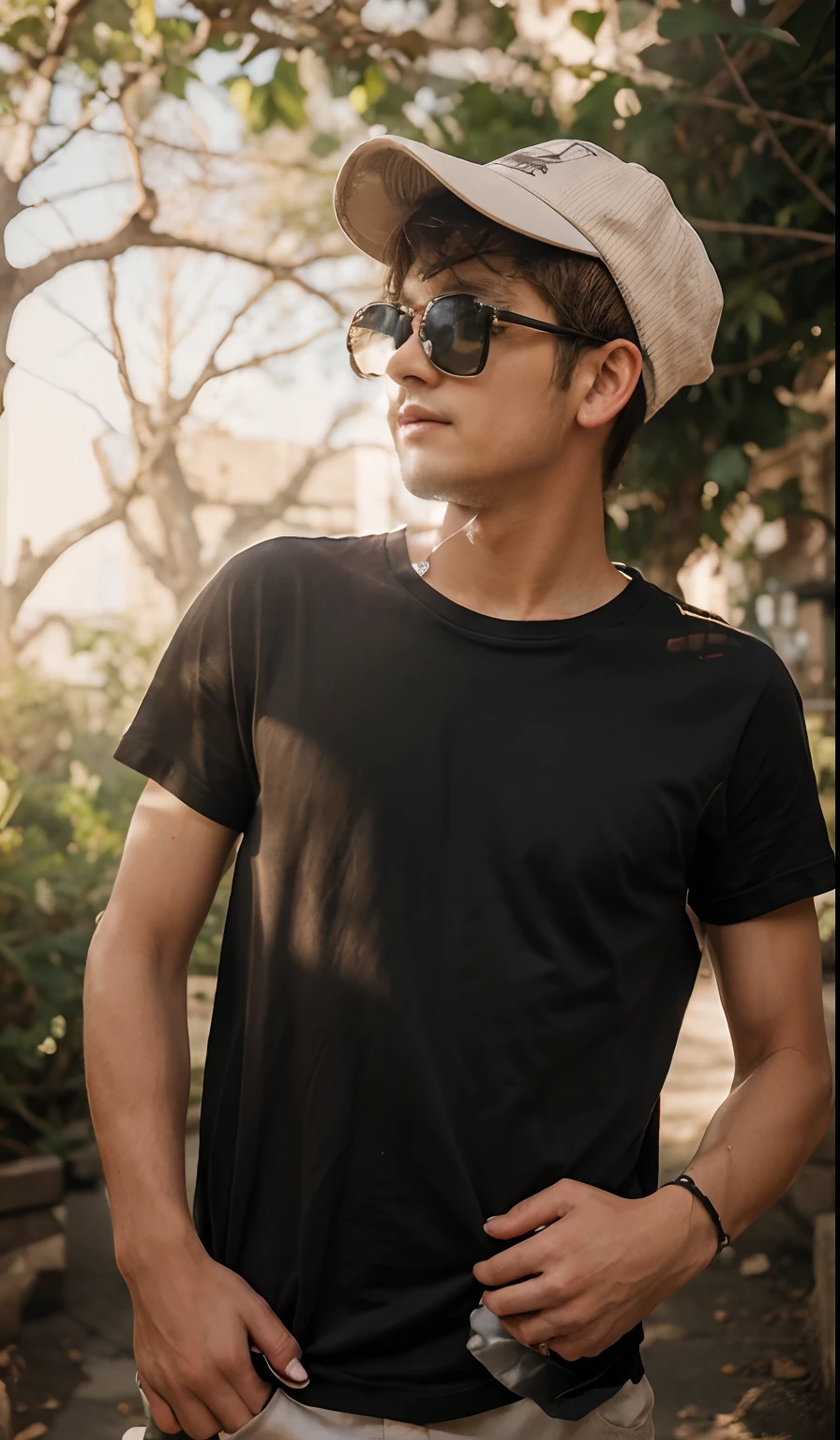 man with black hair, blue tshirt, in bali, indonesia, in village, standing in middle of road, orange strap watch, thin white sunglasses, hyper realistic, detailed skin, high resolution, extra details, quality uhd, tanned skin, sharp jawline, detailed face, photo realistic, high budget , two arms, five fingers