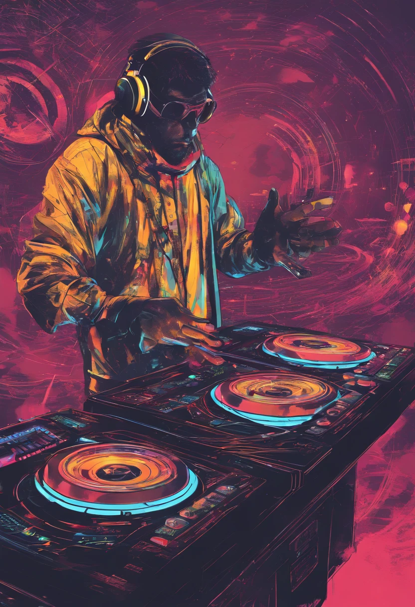 (disc jockey), mixando com technics 1200, fundo multicolorido