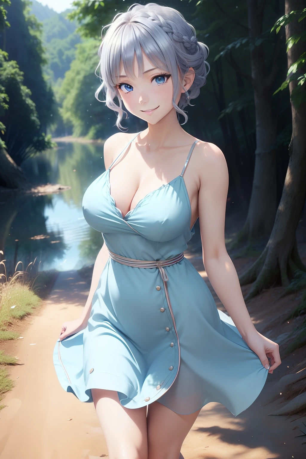 (masutepiece, Best Quality,) anime screen cap, 1girl in, 
Short hair, Blue eyes, Silver hair, Wavy Hair, braid, Dress, Large breasts, Smile, 
depth of fields, forest, field, Wind, swirls,