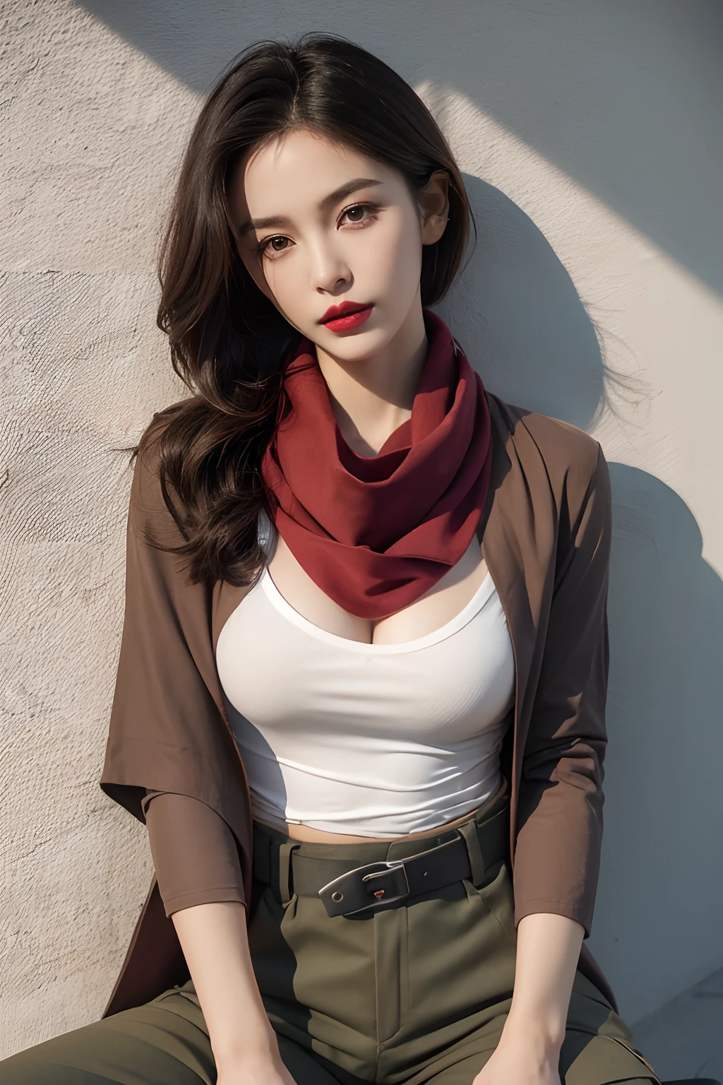 occsan (hands on breasts, squeezing her breasts:1.3)
(tousled hair:1.4)
(red lips, biting_own_lip:1.4)
(crepuscular_ray, at dusk, at night:1.4)
(shirt:1.4), (cargo pants:1.4), (downblouse, leaning forward:1.3), (scarf around waist:1.4), seethru button-front pullover, (trenchcoat:1.2), (large belt:1.4), (capelet:1.5)
(sitting in street:1.4), (against wall:1.4)
(sagging breasts:1.5), (slim, thin, small waist:1.3), realistic, best quality, photo-realistic
8k, best quality, masterpiece, realistic, photo-realistic