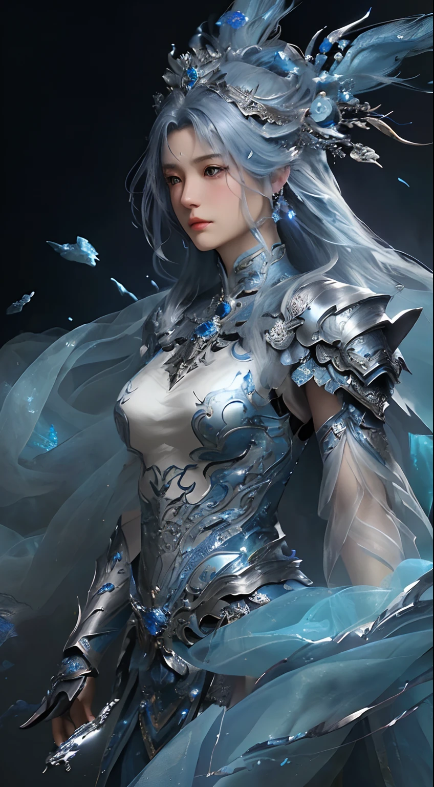 a close up of a woman in a silver and blue dress, chengwei pan on artstation, by Yang J, detailed fantasy art, stunning character art, fanart best artstation, epic exquisite character art, beautiful armor, extremely detailed artgerm, detailed digital anime art, artgerm on artstation pixiv, armor girl
