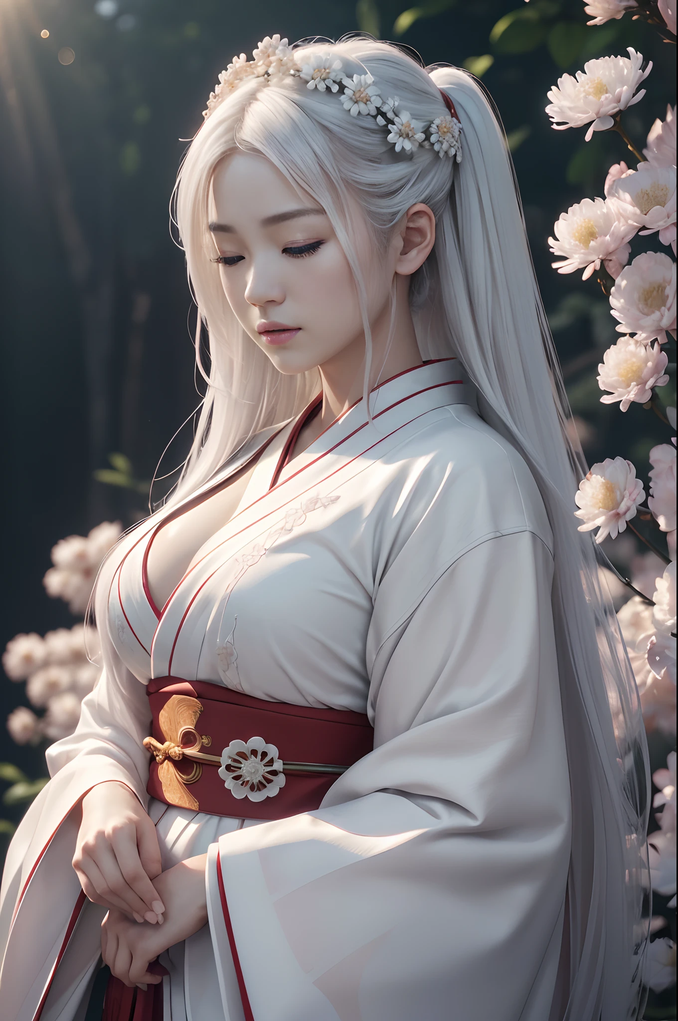 Traditional kimono with Japan eyes closed、Chrysanthemum、with floral pattern,Personification of the white snake,long white hair,Holding a dagger,sneering,(RAW shooting)、(hyper realstic、Top image quality)、8k、(realisitic、photoRealstic:1.3)、masterpiece、超A high resolution、Stunning big、((Beautiful 35 year old Japan:1.3)Crystal clear white skin,Close your eyes tightly,A sexy,Natural soft light、(film grains、FujifilmXT3、8k uhd、Digital SLR、lens)、Hollywood lips、Wide jawline、wide lips、narrow beautiful nose、movie、(Up to 8K resolution for photos、complexly detailed、Convoluted、elegent、Expansiveness、Fantastical)、ultra-detailliert、Insane details、Beautifully color graded、unrealengine、The degree of freedom、Hyper-Resolution、Megapixel、cinematic lightening、Anti-aliasing、FKAA、TXAA、RTX、SSAO、Post-processing、Post Production、tonemapping、CGI、VFX、SFX、Insanely detailed and interesting、Hyper maximalist、hyper realstic、Volumetric、ultra photoreal、ultra -detail、intricate detailes、ultra -detail、fulcolor、Volume Lightning、HDR、reallistic、unrealengine、16K、Foconitide、octan render