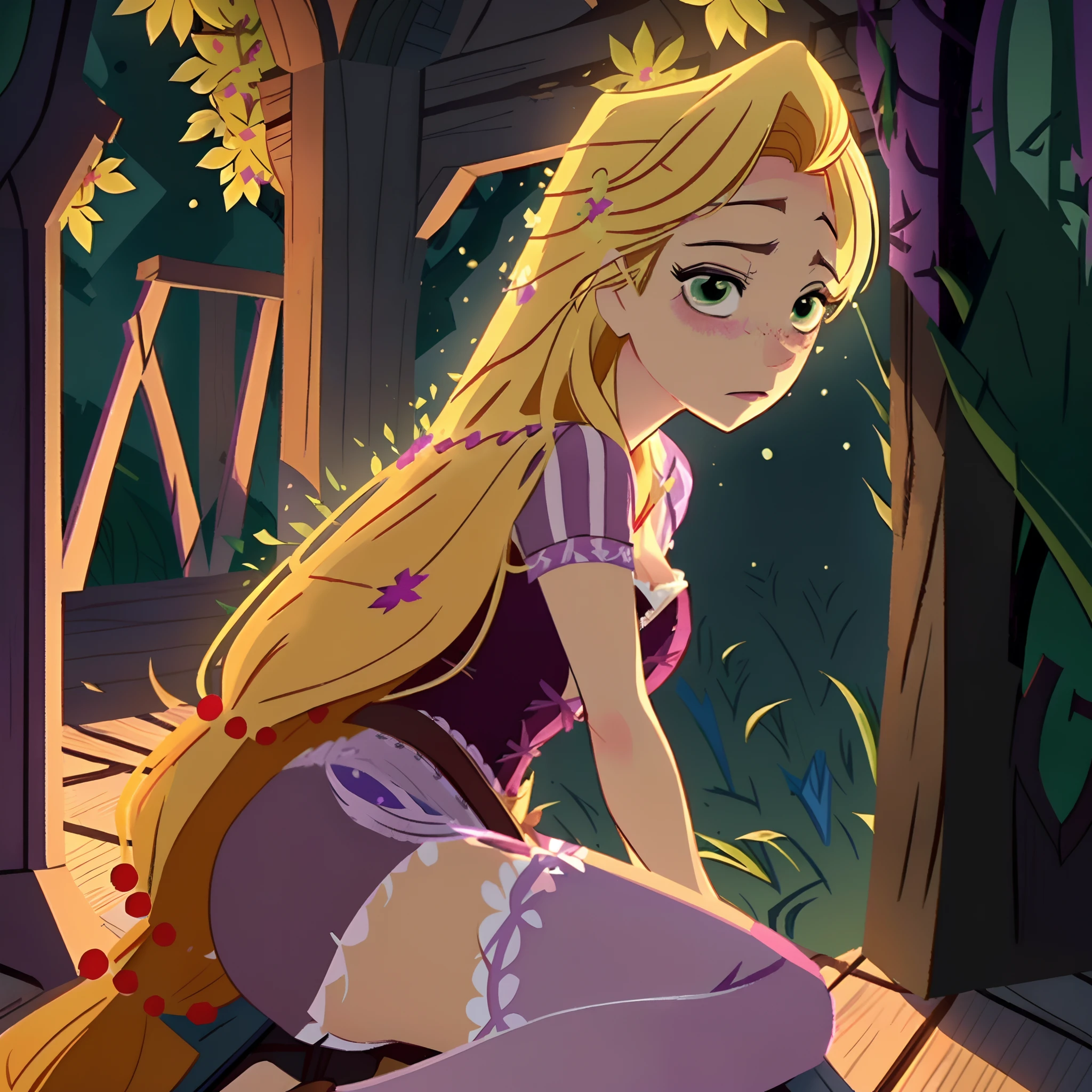 Rapunzel was robbed and beaten outside of a forest cabinet, and had endured hours of pain, beatings, slashes, gun shots, and blows. Now she just stares out at the sunset, green eyes barely open, and unable to pick herself up or breath easily hoping for someone to save her. (Rapunzel, big breasts: 1.9), (loose_hair: 2.2), (tattered, ripped, shredded purple lace dress: 1.9), (dishelved long blond hair: 1.4), Rapunzel knocked out on a porch: 1.9), Rapunzel scarred, bruised, and exhausted: 1.9), (Green eyes shut: 1.9), (Rapunzel has a miserable and painful facial expression: 1.8), (Rapunzel stuck on her back and her head looking to the  right: 1.9), (detailed Rapunzel character: 1.9), (close up view: 1.9), (brutal environment: 1.6), (pieces of the dress torn off: 1.9)