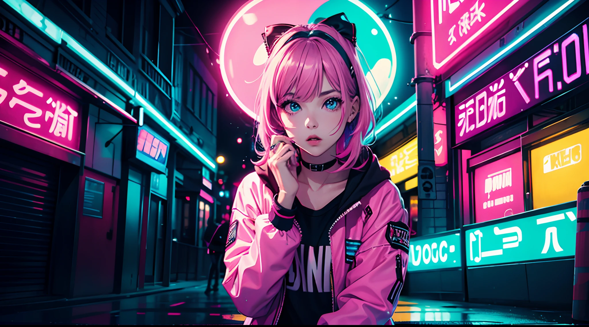 Fashion portrait color photo, woman, Neon lights, skating, bubble gum,