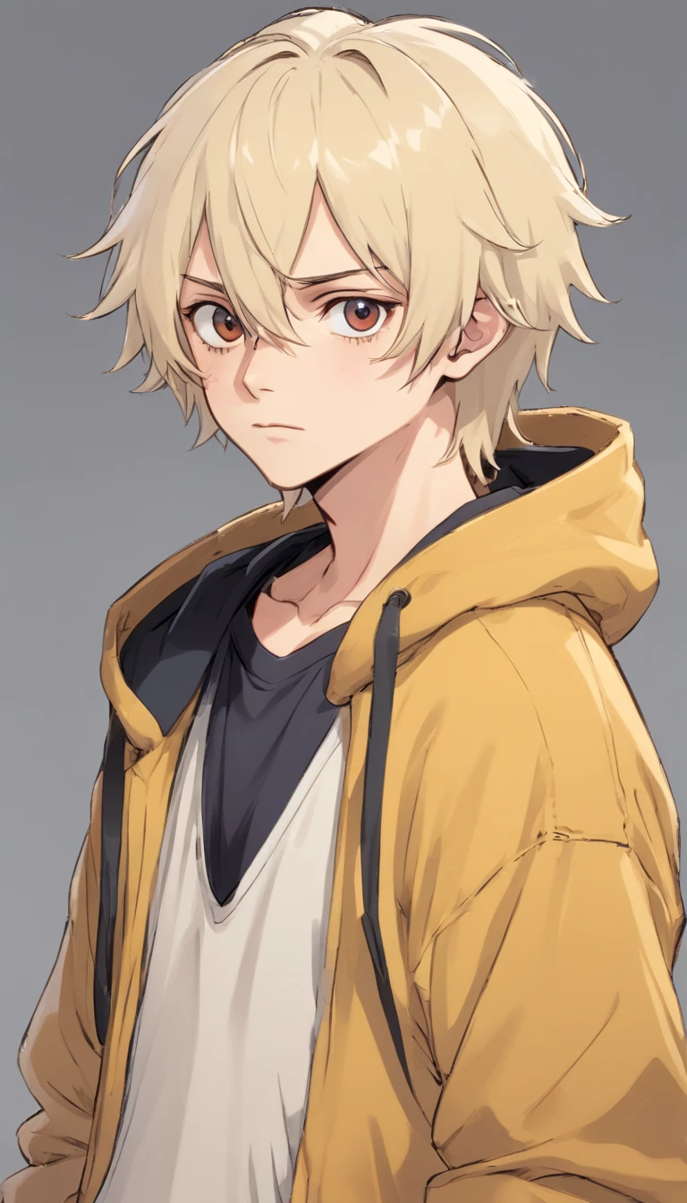 one male, skinny body, black eyes, narrow and tired eyes, moles, dark eye bags, pale skin, platinum blond hair, messy mullet styled hair, piercings, messy long bangs, bandaged hands, scruffy and messy appearance, sickly appearance, emo boy, black baggy hoodie, plain background,