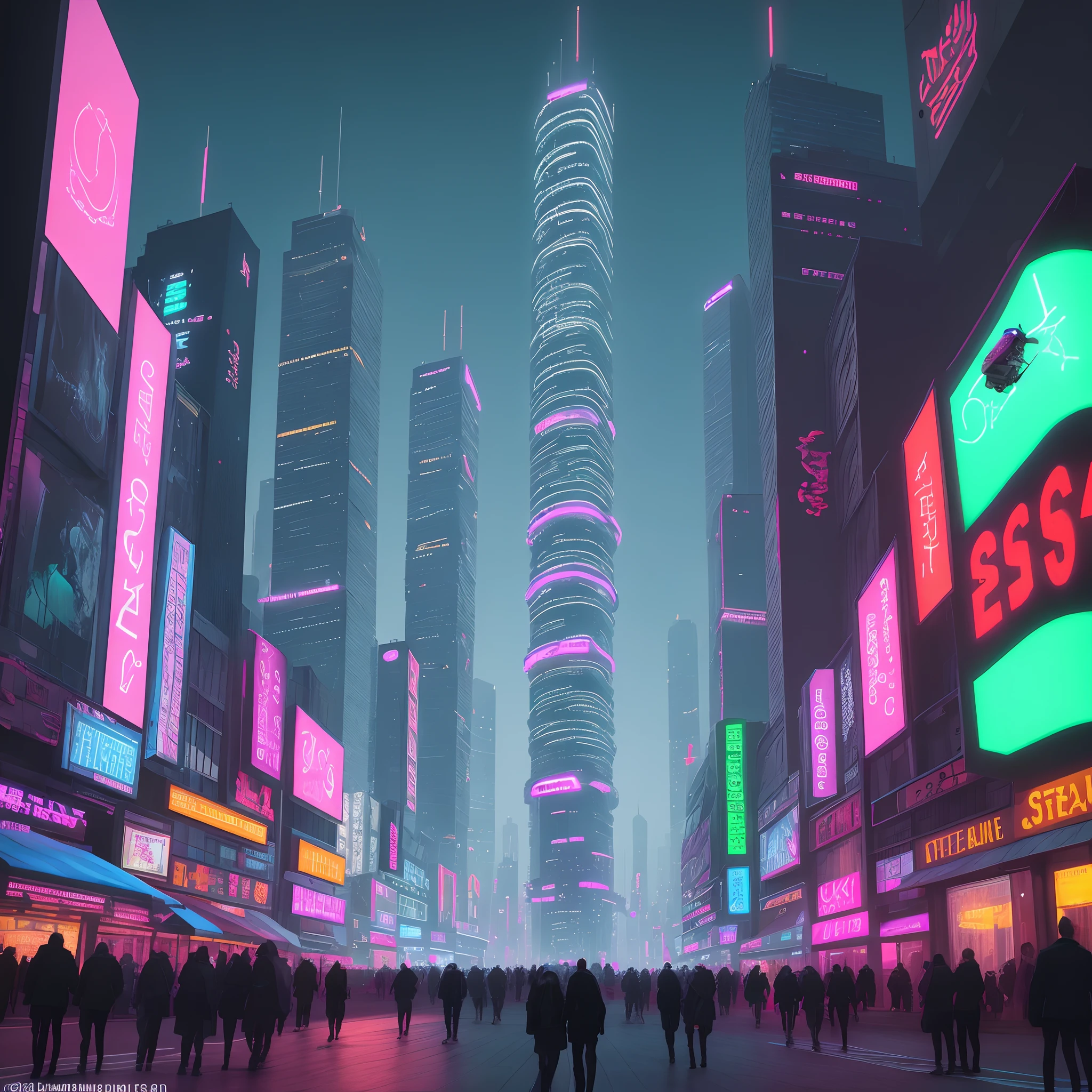Erstelle ein futuristisches Stadt-Szenario, where skyscrapers are surrounded by glowing neon lights and drones soar in the air. Also, add a futuristic means of transport, that crosses the streets. Stelle sicher, dass das Gesamtbild eine Mischung aus Hightech und urbaner Dynamik darstellt.