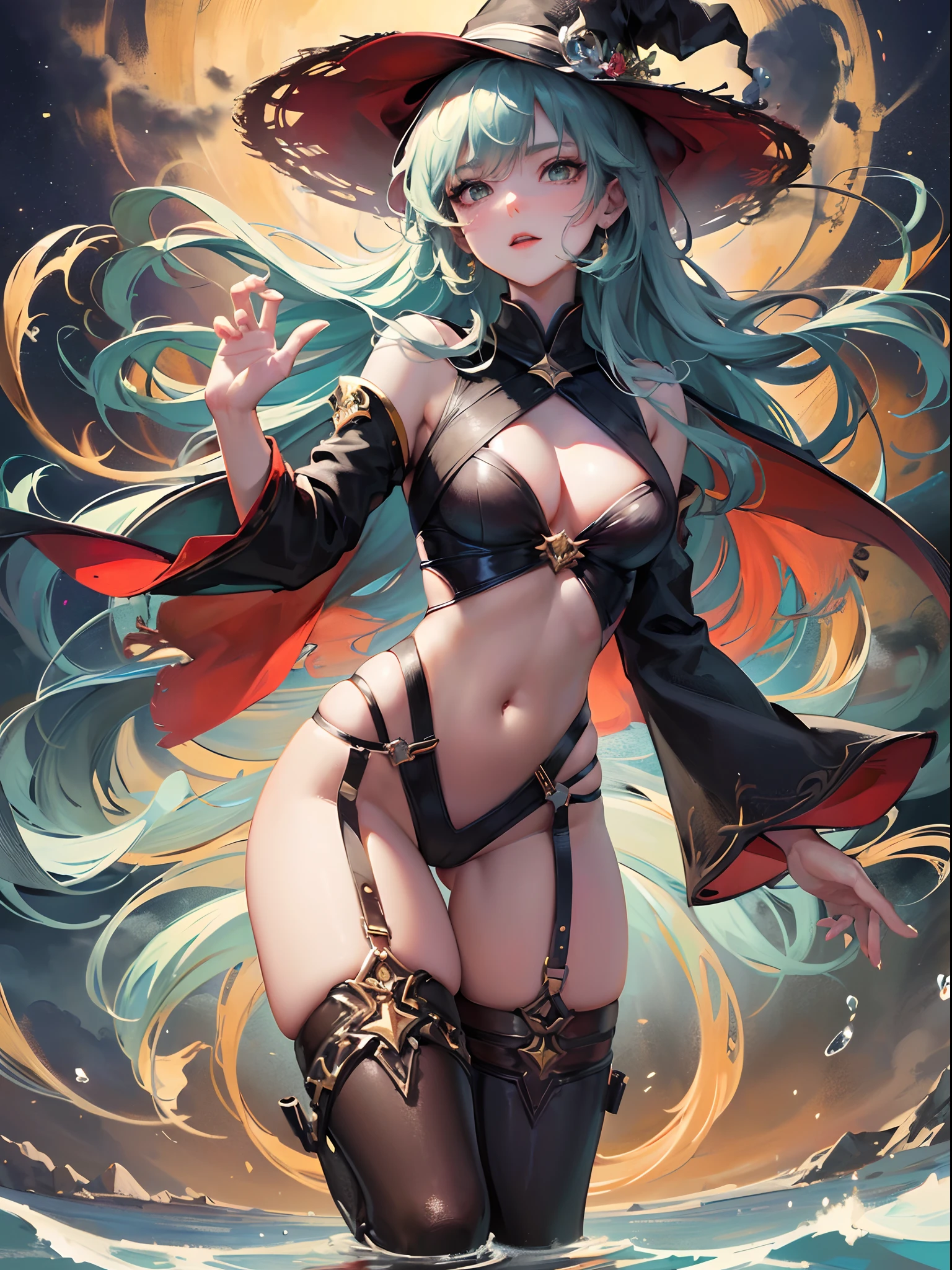 ((Finest quality)),(超A high resolution),(ultra-detailliert),(Meticulous portrayal),((Best CG)),(Finest works of art),Ultra-Precision Art,The art of astounding depiction,Fantasyart, ( Starry Midnight:1.3), (Windy wilderness:1.5), (1人の女性:1.5),(the witch),a navel,thighs thighs thighs thighs,boots,Dynamic poses:1.5:sneering:1.3,(Unleash the magic of light:1.5)
