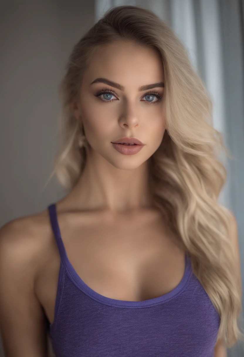 Woman with matching tank top and panties, Sexy girl with blue eyes, portrait sophie mudd, portrait corinna kopf, blonde hair and large eyes, Selfie einer jungen Frau, Augen im club Violet Myers, ohne Make-up, Natural makeup, Blick direkt in die Kamera, Gesicht mit Artgram, dezentes Make-up, Stunning full body shot, im Schlafzimmer, Spaltung