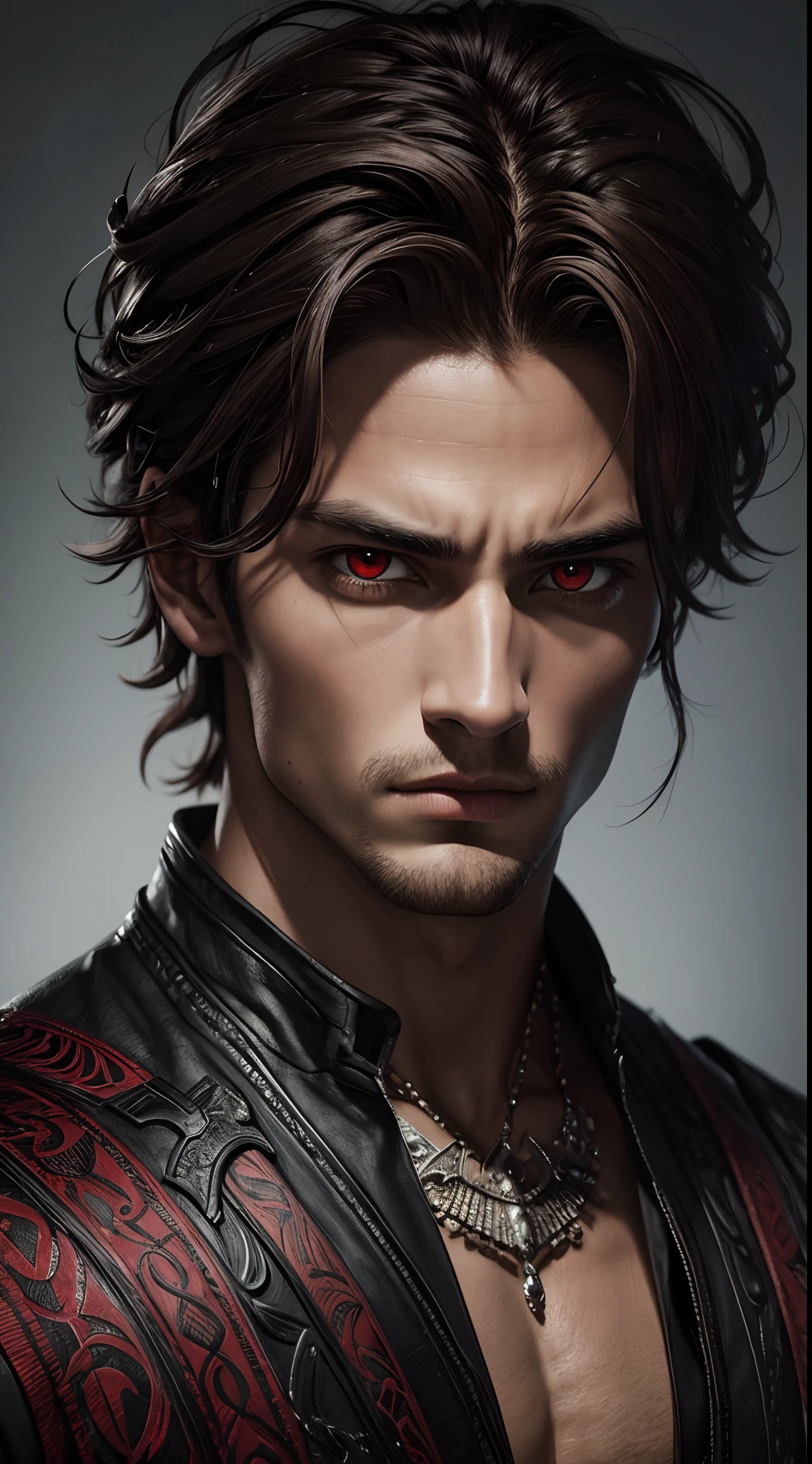 A breathtaking portrait of a beautiful man, his chiseled features and intense red eyes brought to life in stunning detail and quality, a true work of art.