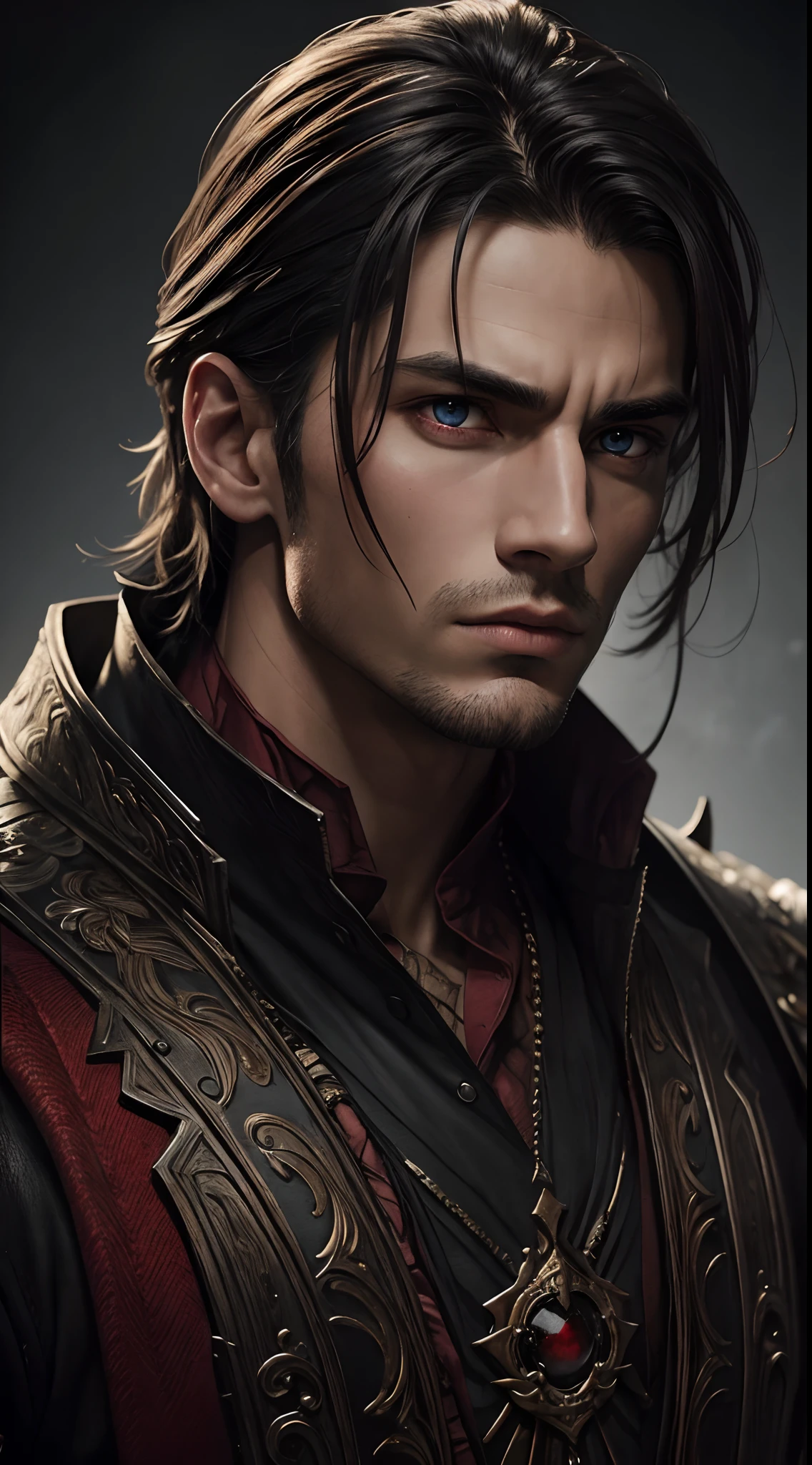 A breathtaking portrait of a beautiful man, his chiseled features and intense red eyes brought to life in stunning detail and quality, a true work of art.