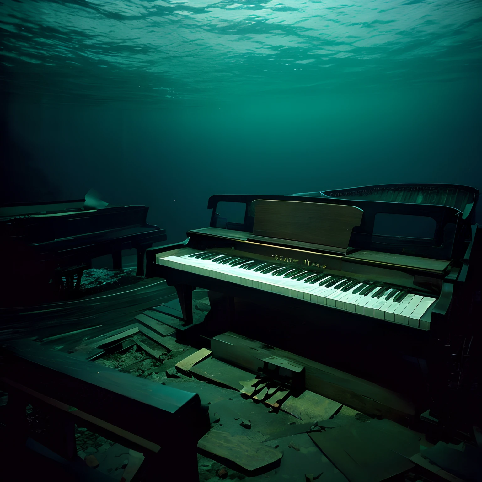 A small decaying grand piano sinking to the bottom of a deep, dark abyss sea。