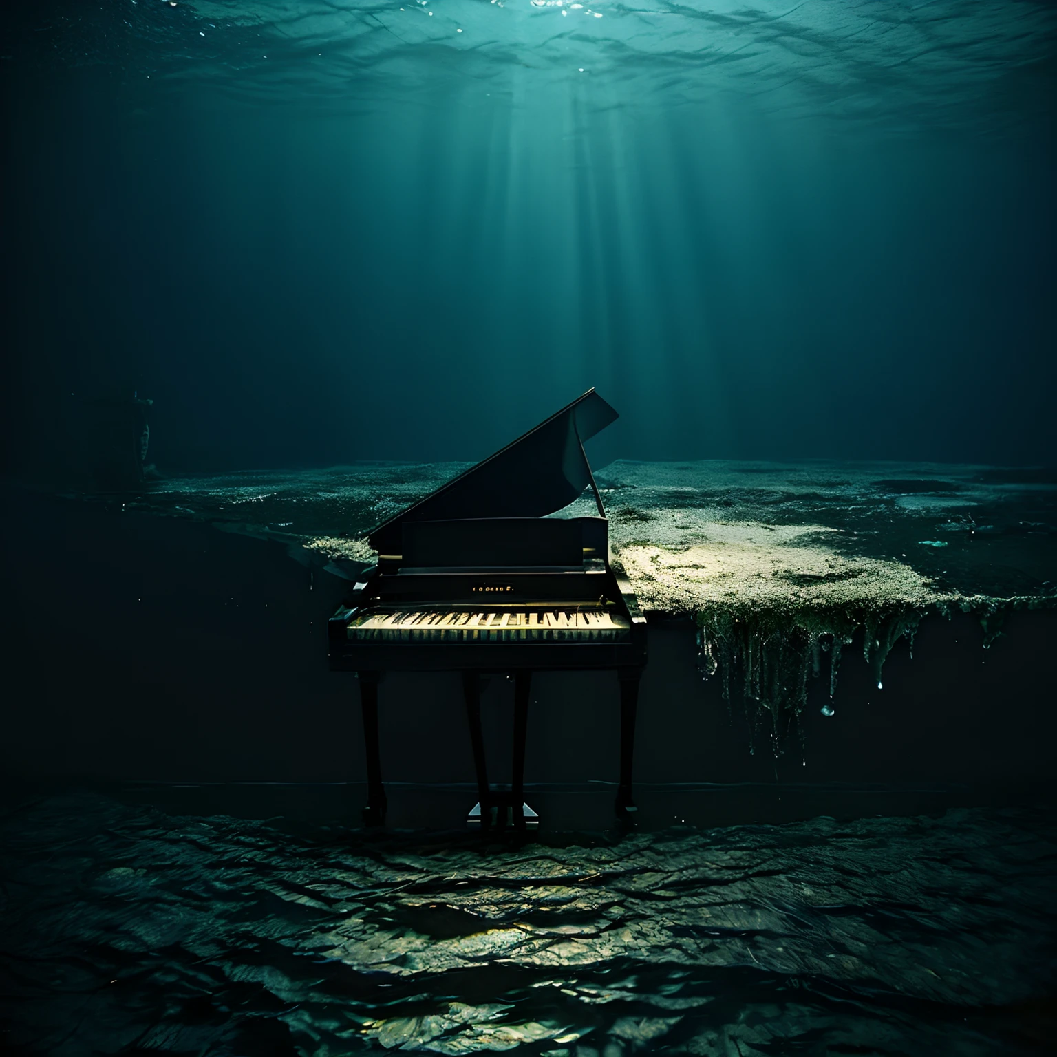 A small decaying grand piano sinking to the bottom of a deep, dark abyss sea。