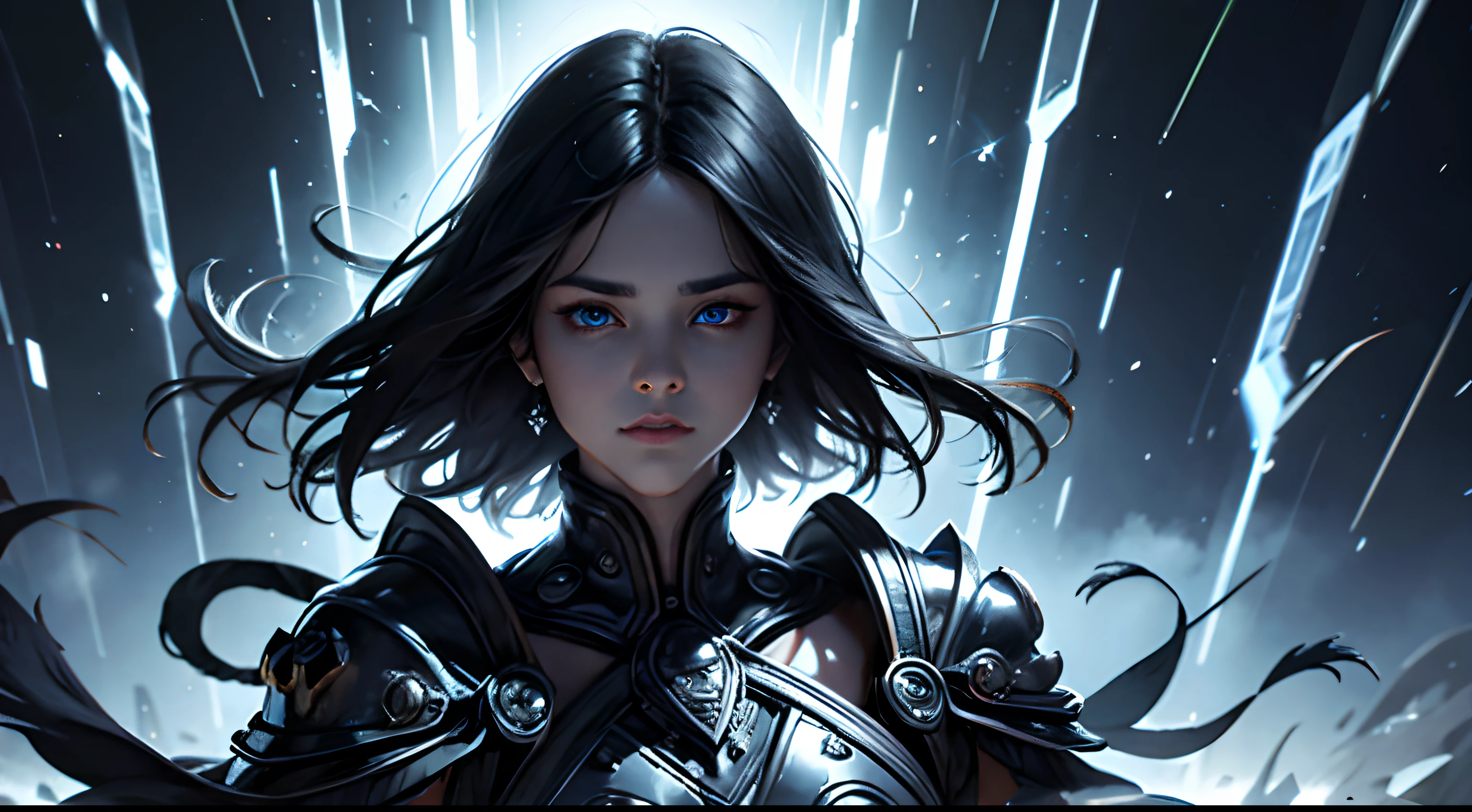 official art, unity 8k wallpaper, ultra detailed, masterpiece, best quality, 1 woman, (extremely detailed), dynamic angle, Mysterious expression, fire sparkle effect, fantasy background, rim lighting, side lighting, cinematic light, ultra high res, 8k uhd, film grain,best shadow, delicate, RAW, light particles, detailed skin texture, detailed armor texture, detailed face, intricate details, ultra detailed, bright, (realistic), ((black hair)), very glowing blue eyes, curvy