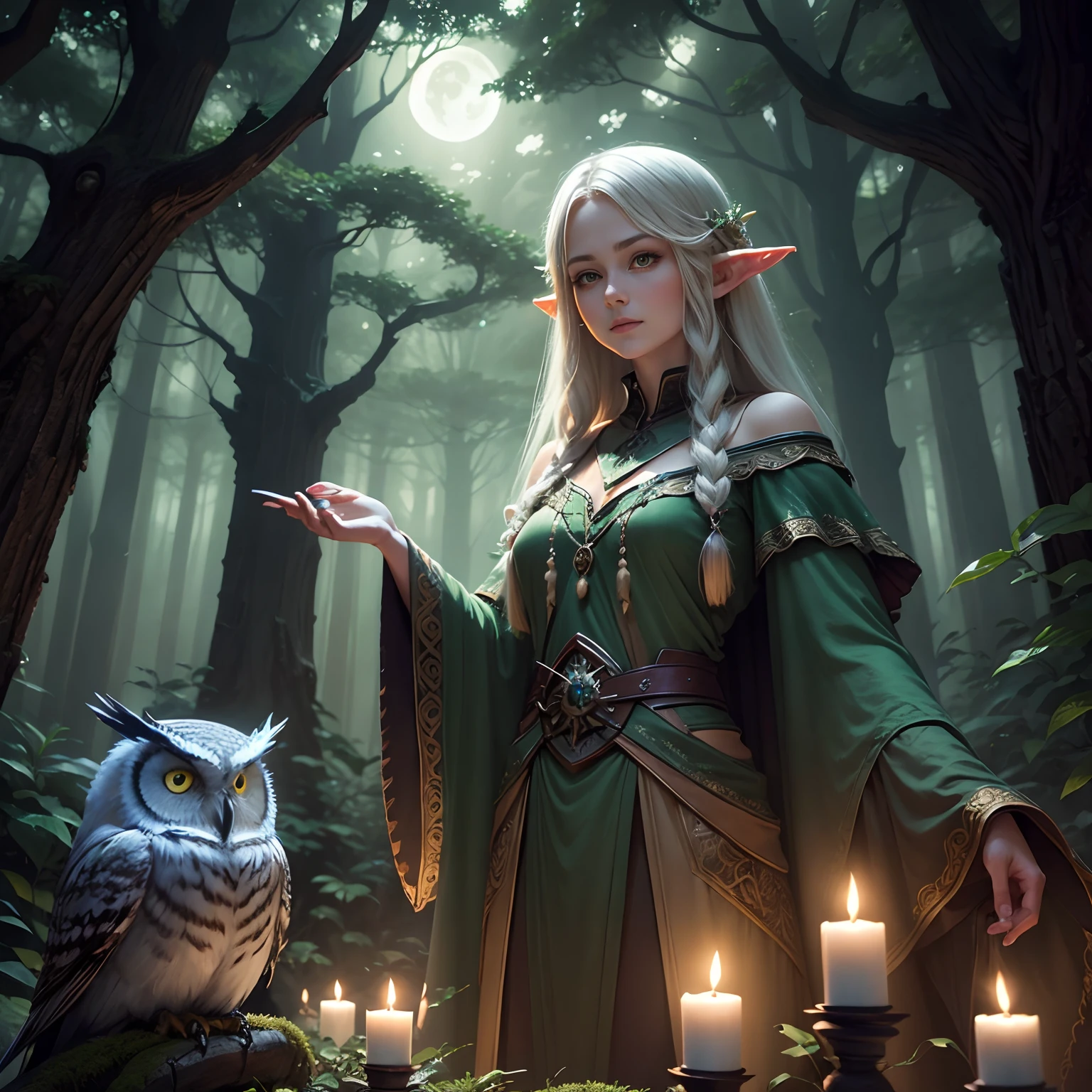 forest at night、Elven sage with owl on outstretched arm stands