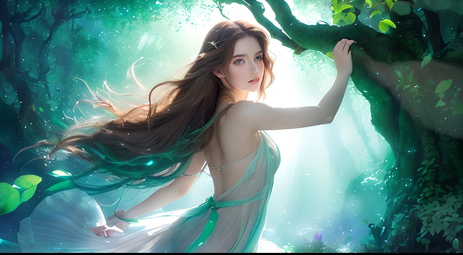 (nice ass, fascinating, Mysterious girl with striking emerald eyes and flowing brown hair),(Magical, ethereal, Inspired by nature),(Dancing Leaves, Shimmering moonlight, Centuries-old trees),(Best Quality, Vivid colors, dream-like),(aquarelle painting, Fantasy),(Soft pastel palette, Delicate glowing shadows),(warm, Soft sunlight, penetrating through the canopy)