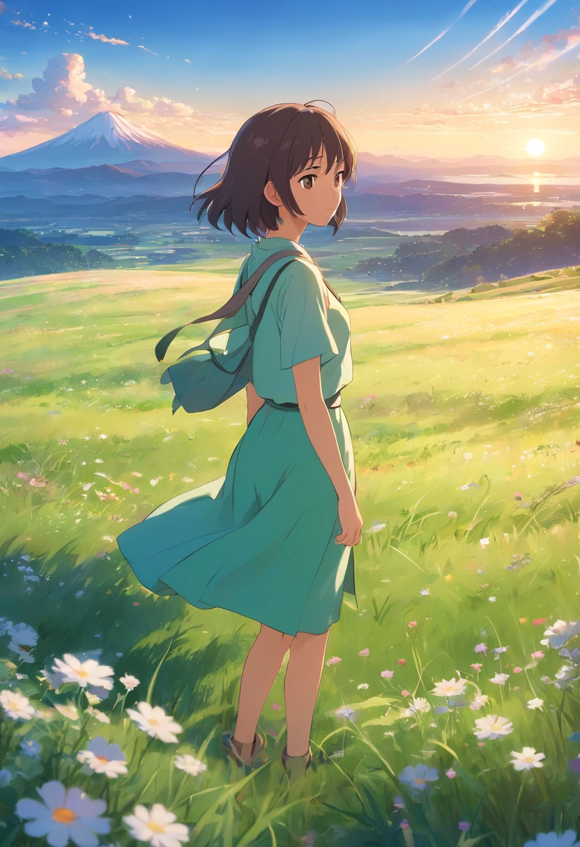 夏天,grassy fields,Hundreds of small flowers,clear lakes,sheeps,large clouds,blue-sky,scorching weather,high definition detail,hyper-detailing,cinematic ligh,ultra-realistic realism,the soft light,Deep field focus bokeh,The vista in the distance is the mountains,Ray tracing and surrealism。 --v6