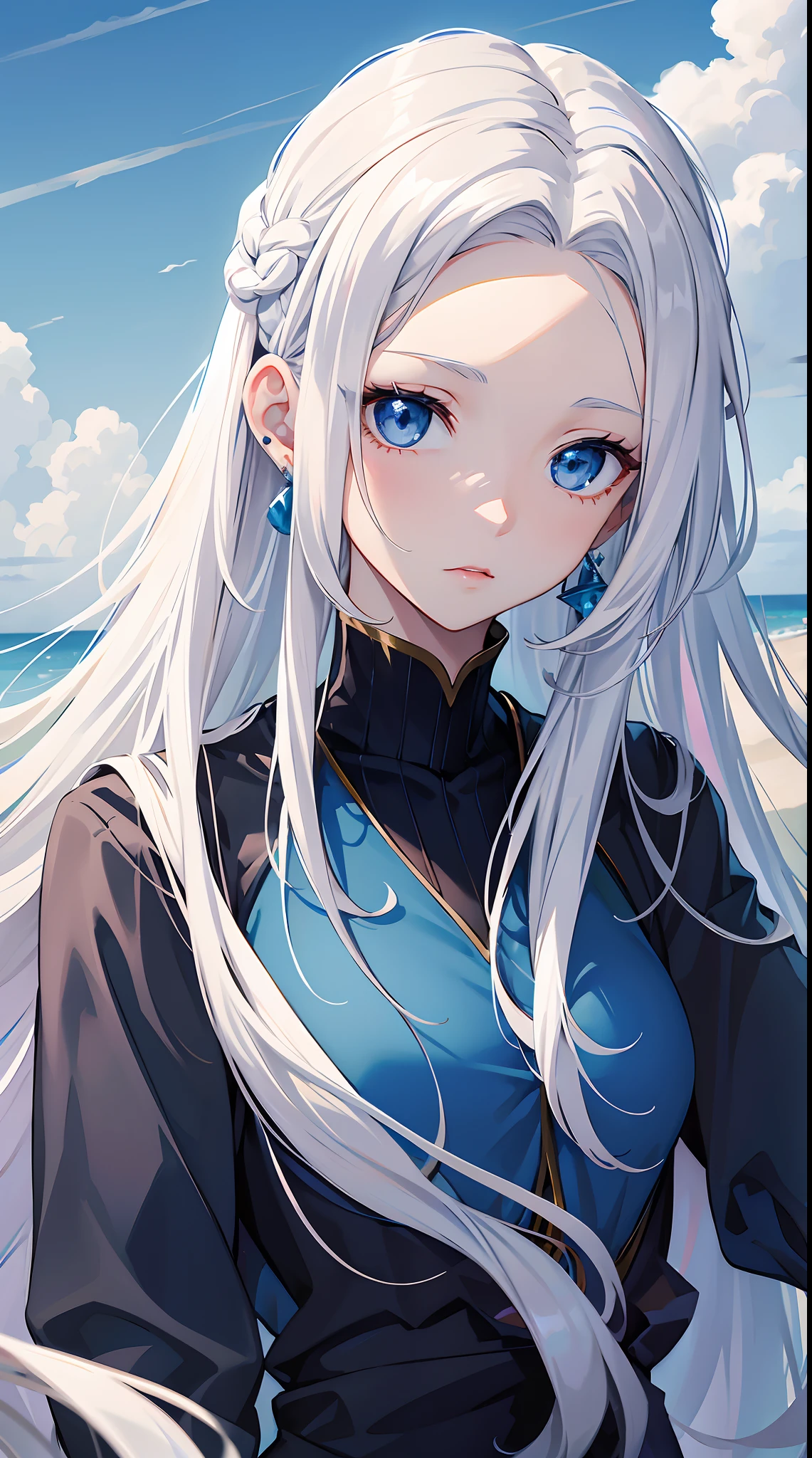 Cover magazine, anime, woman, solo, long hair, white hair, blue eyes, model, beautiful, fantasy, Casual clothes. Hair accessories. Unusual hairstyles. Earrings. Upper body potrait. (forehead comma hair:20%)