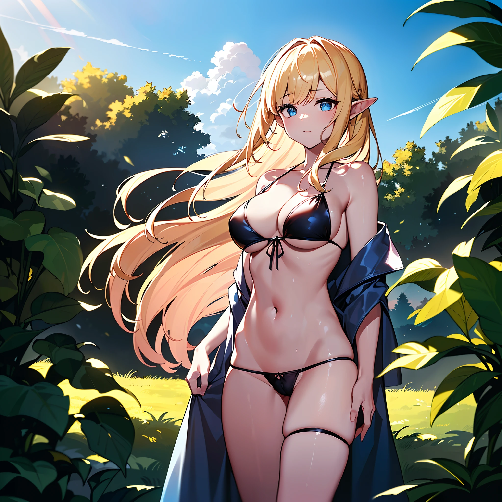 ((Masterpiece)), (((Best quality))), ((Ultra-detailed)),  (Amazing:1.1), Beautiful, Nature, sky and ground, Big wind, wind blown, Line Cloud,Light shoot from the cloud, In the middle of a lush remote foliage jungle，(1 girl:1.3),Solo,elf,blonde with blue eyes,Long hair,Ancient Greek style robes,(Upper thorax is cut externally:1.3),(Pubic and external thigh incision:1.3), an award winning photograph, BLN-L24, exposure,High contrast,Low saturation,High saturation 8k 3D, F 2.8lens, Aerial view, Cinematic lighting