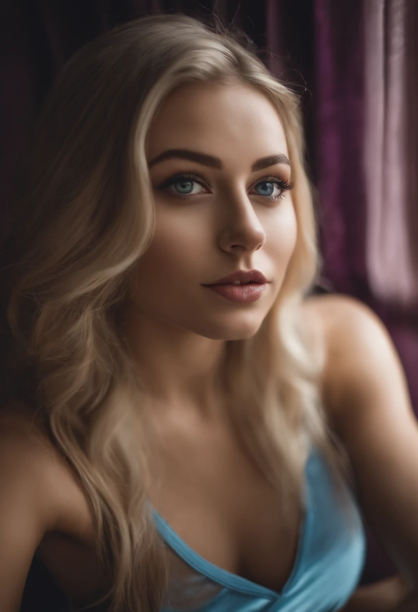 Arafed woman completely , fille sexy aux yeux bleus, ultra realist, Meticulously detailed, Portrait Sophie Mudd, cheveux blonds et grands yeux, selfie of a young woman, Yeux de chambre, Violet Myers, sans maquillage, maquillage naturel, looking straight at camera, Visage avec Artgram, Maquillage subtil, Great photo of the whole body kneeling on the bed, dans la chambre, Medium to large bust