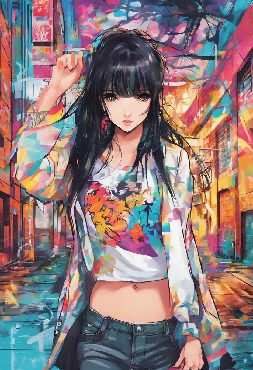 Oil Style、digitalart、1990s anime style、Black hair Long hair straight、Japan beautiful girl、18year old、blunt bangs
