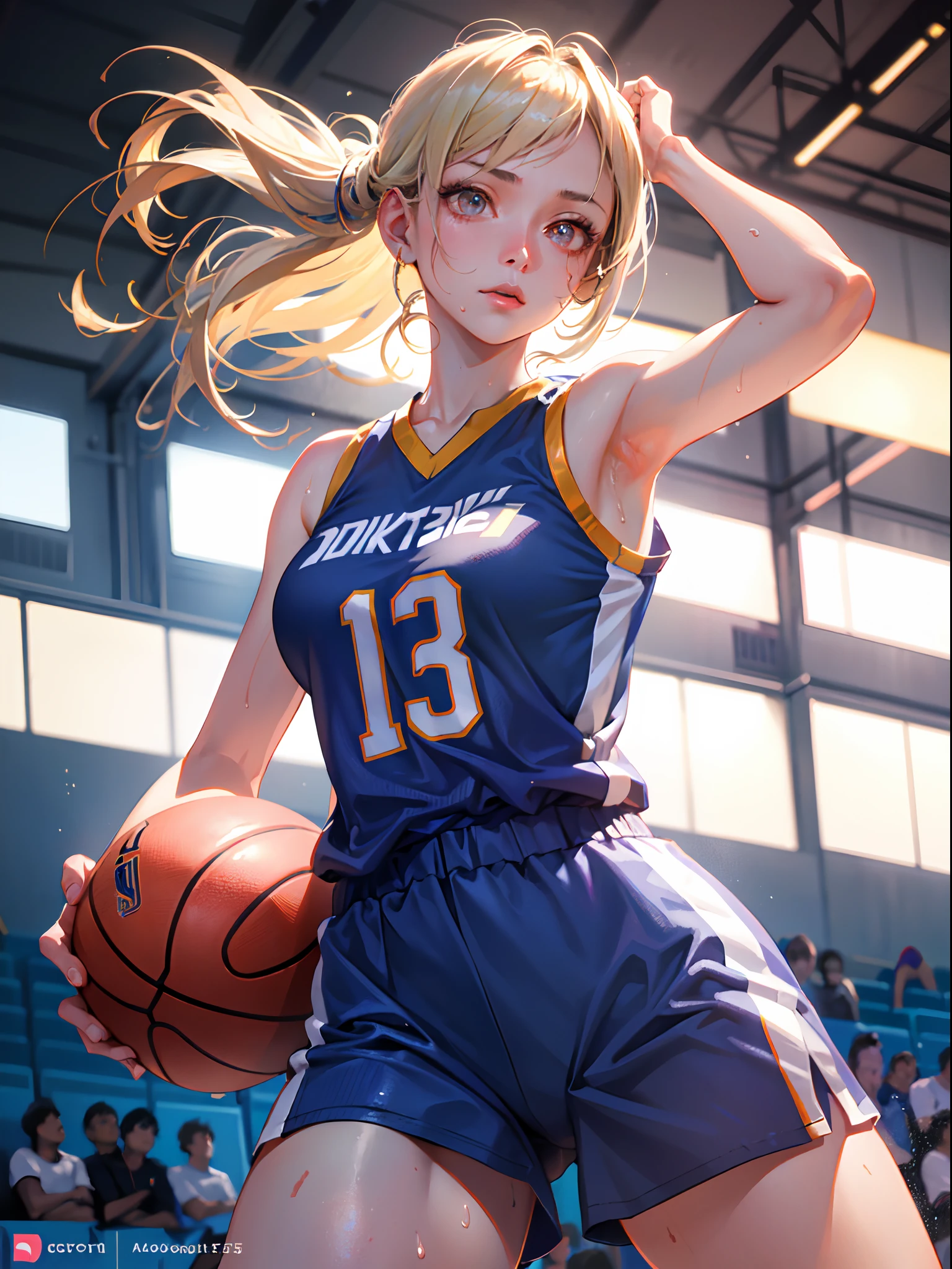 Best Quality, masutepiece,  High resolution, (Photorealistic:1.4), Raw photo, 1 beautiful girl ,Female basketball player, small head,Large breasts,nice legs, Glowing skin, Sweat,At the basketball competition venue,(Detailed beautiful face:1.4),detailed skins,Detailed eyes,detailed hairs,Cool,Beautiful,action pose,