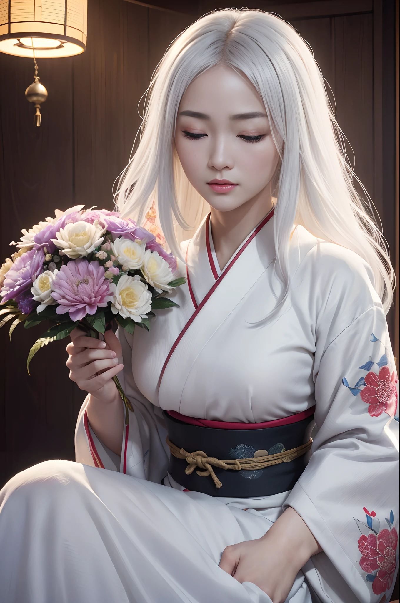 Traditional kimono with Japan eyes tightly closed、Chrysanthemum、with floral pattern,Personification of the white snake,long white hair,Holding a dagger,sneering,(RAW shooting)、(hyper realstic、Top image quality)、8k、(realisitic、photoRealstic:1.3)、masterpiece、超A high resolution、Stunning big、((Beautiful 35 year old Japan:1.3)Crystal clear white skin,Close your eyes tightly,A sexy,Natural soft light、(film grains、FujifilmXT3、8k uhd、Digital SLR、lens)、Hollywood lips、Wide jawline、wide lips、narrow beautiful nose、movie、(Up to 8K resolution for photos、complexly detailed、Convoluted、elegent、Expansiveness、Fantastical)、ultra-detailliert、Insane details、Beautifully color graded、unrealengine、The degree of freedom、Hyper-Resolution、Megapixel、cinematic lightening、Anti-aliasing、FKAA、TXAA、RTX、SSAO、Post-processing、Post Production、tonemapping、CGI、VFX、SFX、Insanely detailed and interesting、Hyper maximalist、hyper realstic、Volumetric、ultra photoreal、ultra -detail、intricate detailes、ultra -detail、fulcolor、Volume Lightning、HDR、reallistic、unrealengine、16K、Foconitide、octan render