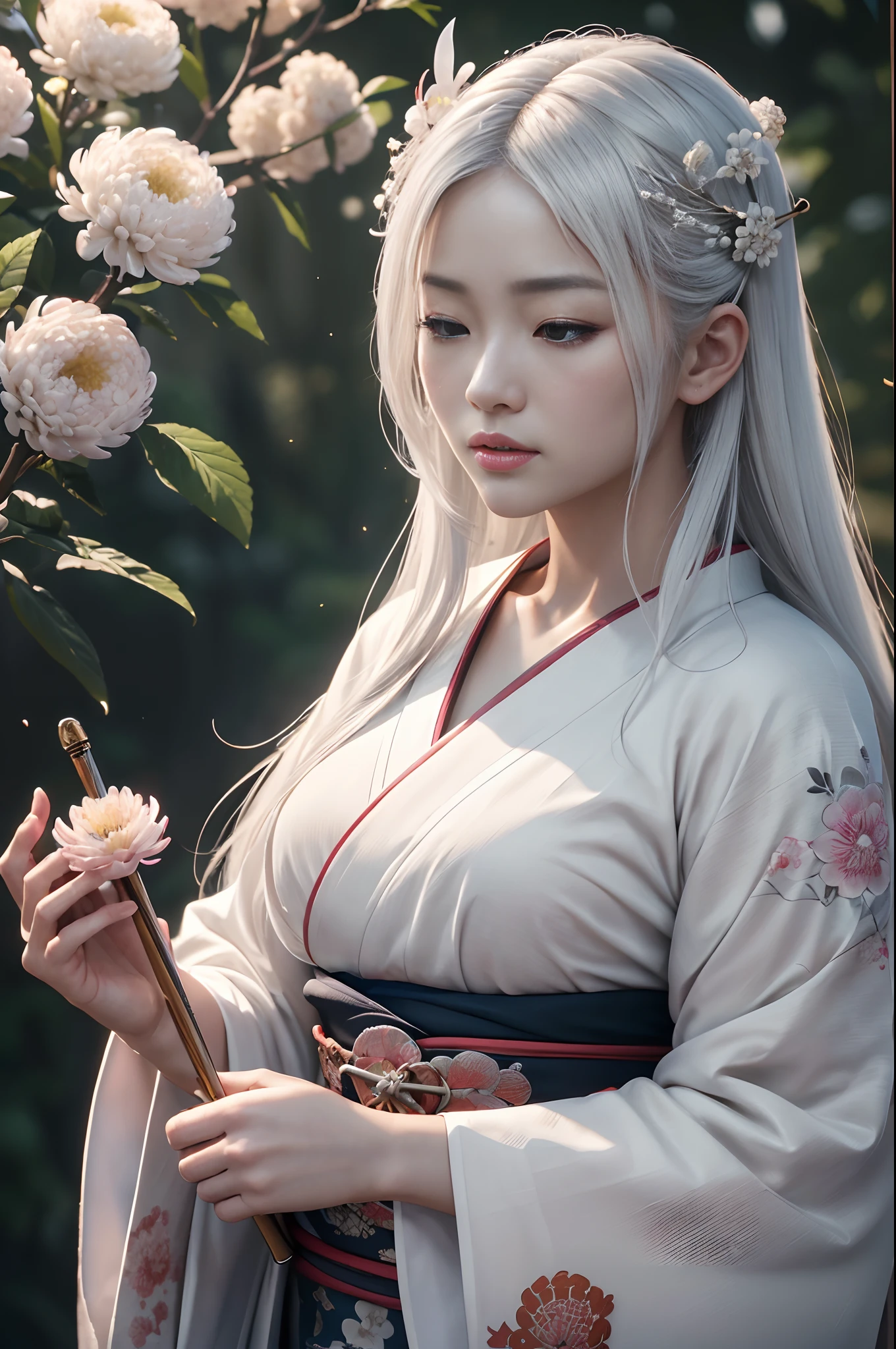 Traditional kimono with Japan eyes tightly closed、Chrysanthemum、with floral pattern,Personification of the white snake,long white hair,Holding a dagger,sneering,(RAW shooting)、(hyper realstic、Top image quality)、8k、(realisitic、photoRealstic:1.3)、​masterpiece、超A high resolution、Stunning big、((Beautiful 35 year old Japan:1.3)Crystal clear white skin,Close your eyes tightly,A sexy,Natural soft light、(film grains、FujifilmXT3、8k uhd、Digital SLR、lens)、Hollywood lips、Wide jawline、wide lips、narrow beautiful nose、movie、(Up to 8K resolution for photos、complexly detailed、Convoluted、elegent、Expansiveness、Fantastical)、ultra-detailliert、Insane details、Beautifully color graded、unrealengine、The degree of freedom、Hyper-Resolution、Megapixel、cinematic lightening、Anti-aliasing、FKAA、TXAA、RTX、SSAO、Post-processing、Post Production、tonemapping、CGI、VFX、SFX、Insanely detailed and interesting、Hyper maximalist、hyper realstic、Volumetric、ultra photoreal、ultra -detail、intricate detailes、ultra -detail、fulcolor、Volume Lightning、HDR、reallistic、unrealengine、16K、Foconitide、octan render