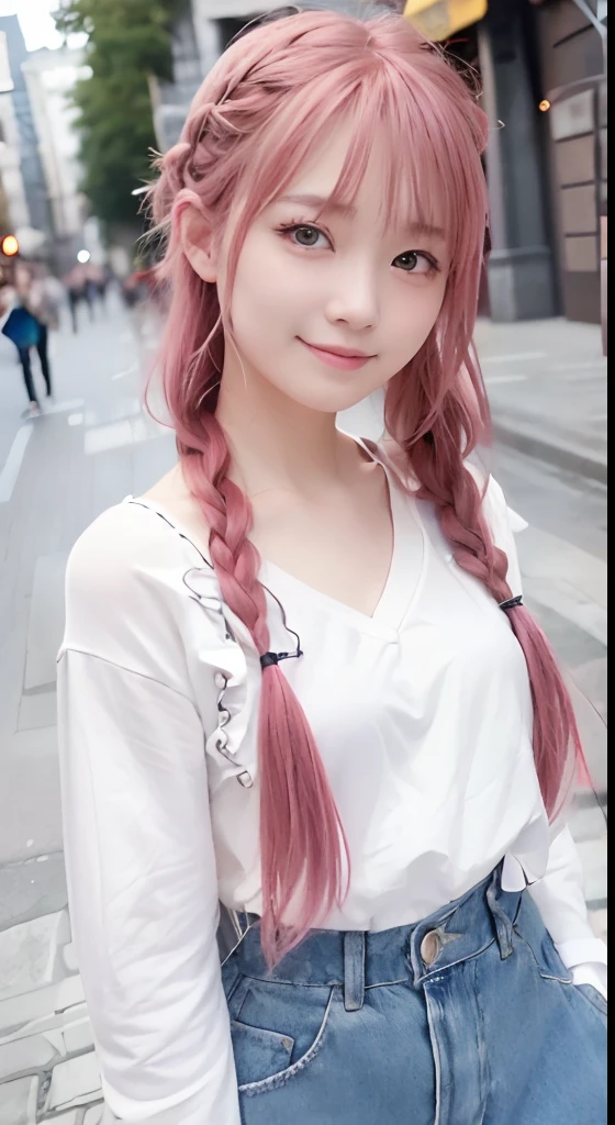 (8K、top-quality、​masterpiece:1.2)、(reallistic、Photorealsitic:1.37)、The ultra-detailliert、女の子1人、18year old、Medium chest、Beautie、Beautiful and perfect face、Natural smile、独奏、holiday、Bustling street、shopping、Fashionable clothes、Redness of the nose)、(A smile:1.5)、(With mouth closed) 、beautidful eyes、(long:1.2)、Floating hair 、Middle hair、Pink Hair Medium Hair, (Pink hair), Ear Hair, small , Single braid, (Single braid), (Side braid),Checked shirt