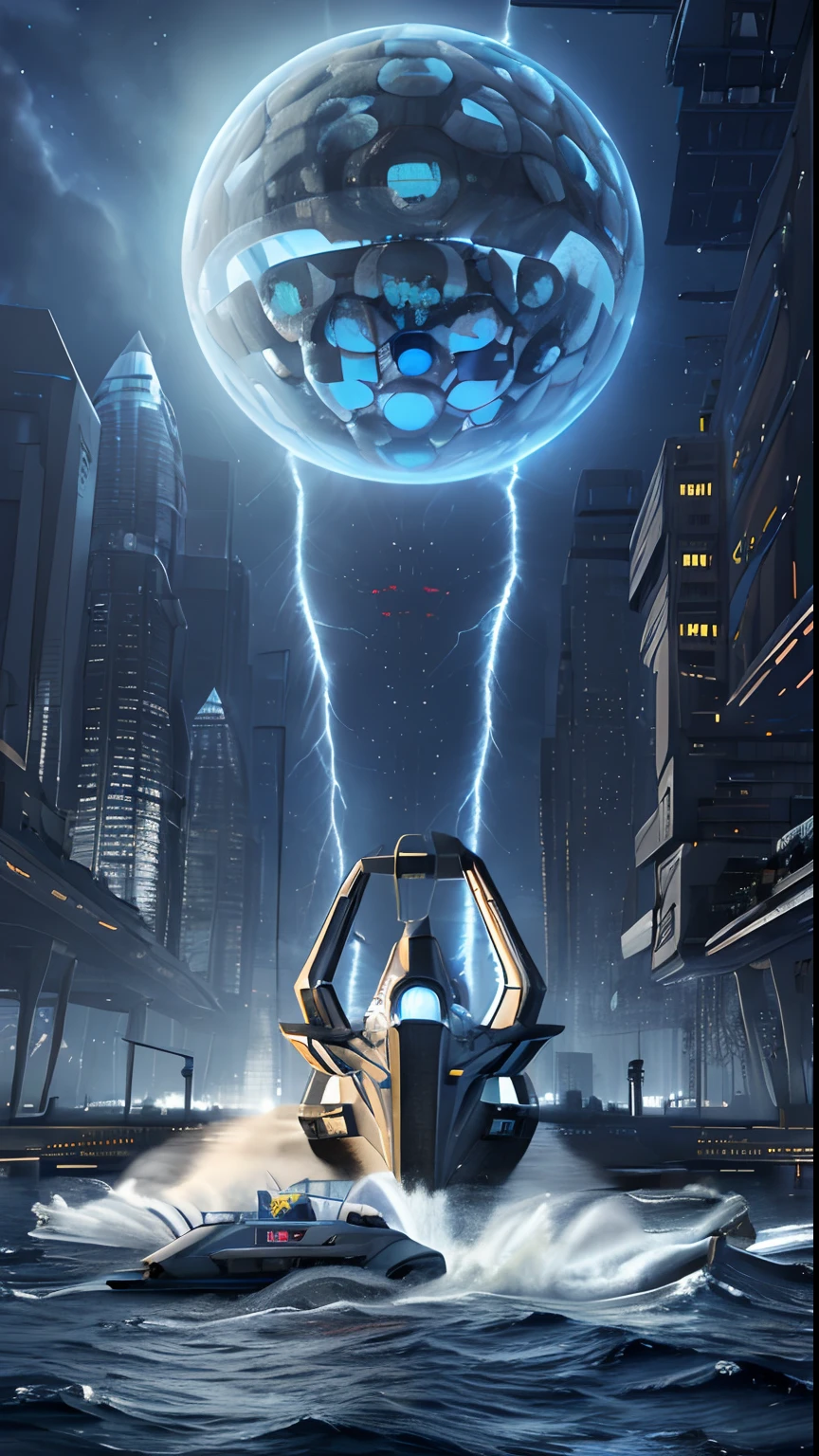 Blue Boat, Floating on the water, Lightning strikes the water, Watercraft, the night, Without people, The sky, water, Ship,  Star Citizen Digital Art, depicted as a sci-fi scene, Futuristic poster, Dyson sphere, In front of a sci-fi cityscape, in a futuristic cyberpunk city, key art, Photograph of a Dyson sphere, Концепт-арт 8K HD, Программа Dyson Sphere, sci fi epic digital art, future sci-fi. game cg