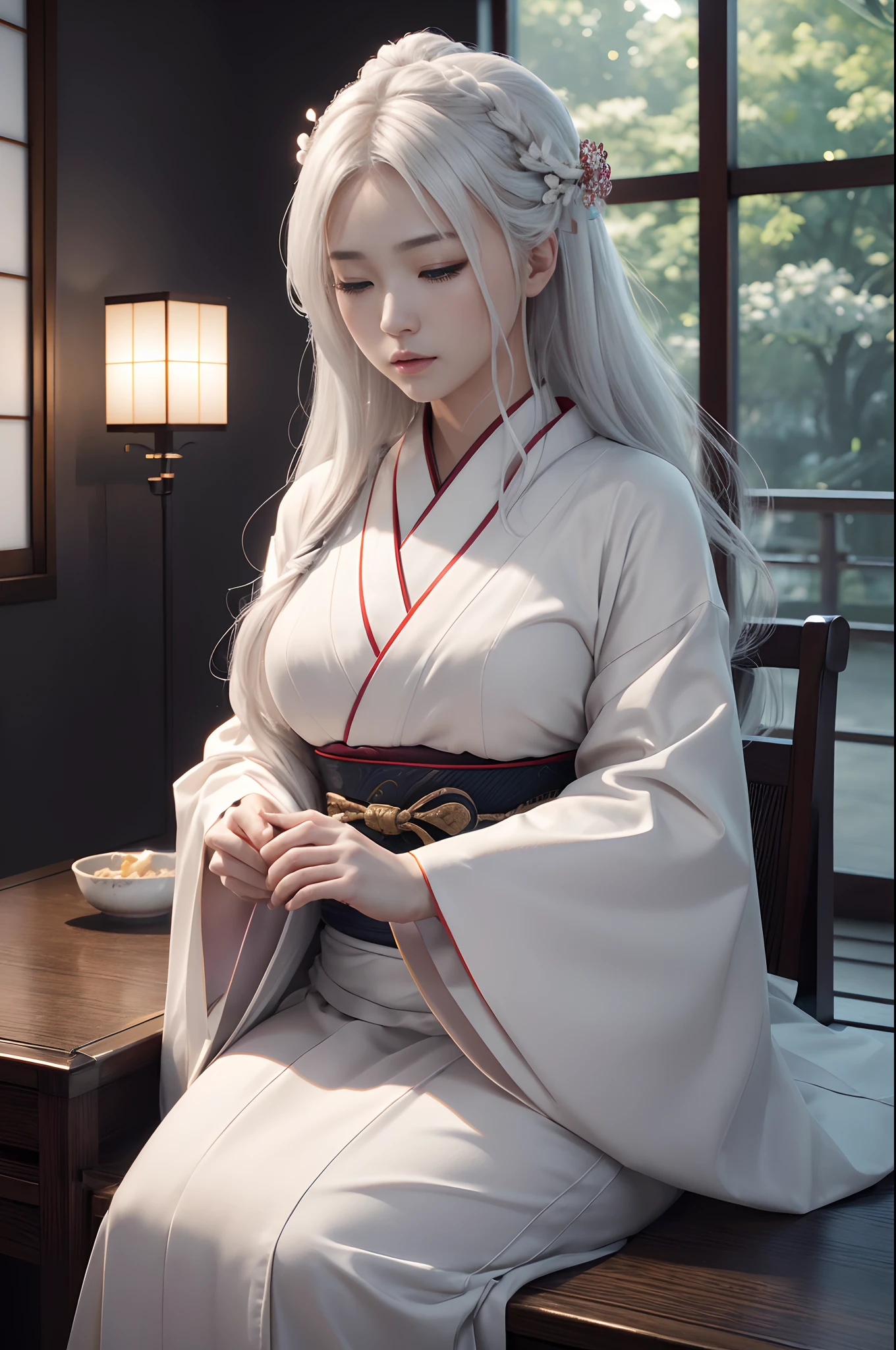 Traditional kimono with Japan eyes closed、Chrysanthemum、with floral pattern,Personification of the white snake,long white hair,Holding a dagger,sneering,(RAW shooting)、(hyper realstic、Top image quality)、8k、(realisitic、photoRealstic:1.3)、masterpiece、超A high resolution、Stunning big、((Beautiful 35 year old Japan:1.3)Crystal clear white skin,Close your eyes tightly,A sexy,Natural soft light、(film grains、FujifilmXT3、8k uhd、Digital SLR、lens)、Hollywood lips、Wide jawline、wide lips、narrow beautiful nose、movie、(Up to 8K resolution for photos、complexly detailed、Convoluted、elegent、Expansiveness、Fantastical)、ultra-detailliert、Insane details、Beautifully color graded、unrealengine、The degree of freedom、Hyper-Resolution、Megapixel、cinematic lightening、Anti-aliasing、FKAA、TXAA、RTX、SSAO、Post-processing、Post Production、tonemapping、CGI、VFX、SFX、Insanely detailed and interesting、Hyper maximalist、hyper realstic、Volumetric、ultra photoreal、ultra -detail、intricate detailes、ultra -detail、fulcolor、Volume Lightning、HDR、reallistic、unrealengine、16K、Foconitide、octan render