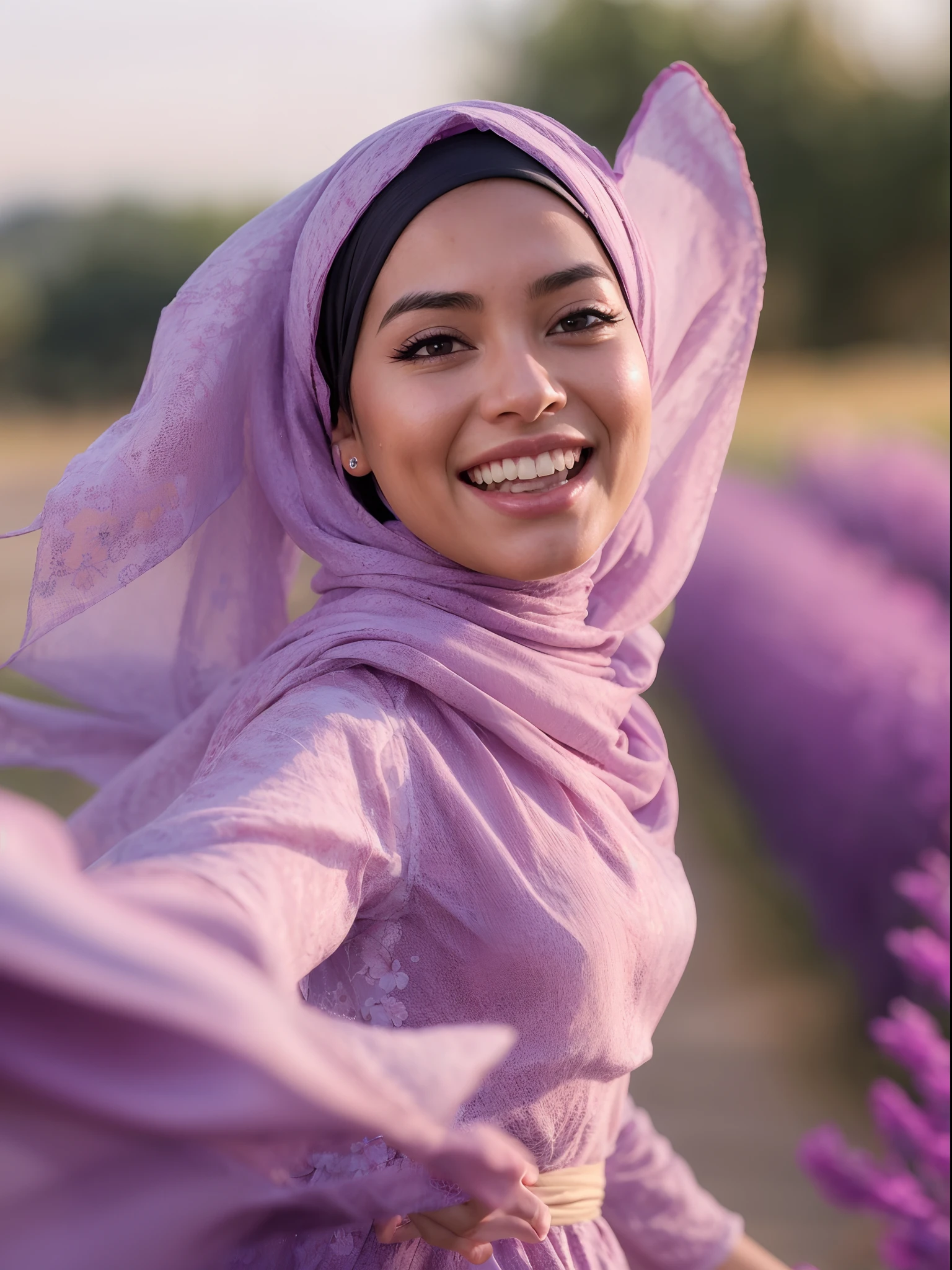Malay girl in long hijab wear baju kurung, pastel color, running happily in Lavender Fields, Provence – France , windy, blown her hijab, front view, detail skin, detail skin texture, mole below eyes, small breast, wide hips, small waist, thick thigh, slim abs, beautiful body, sunrise, laughing, happy, bright lighting, blur background, bokeh, 4k, ultra detail, high quality photo,