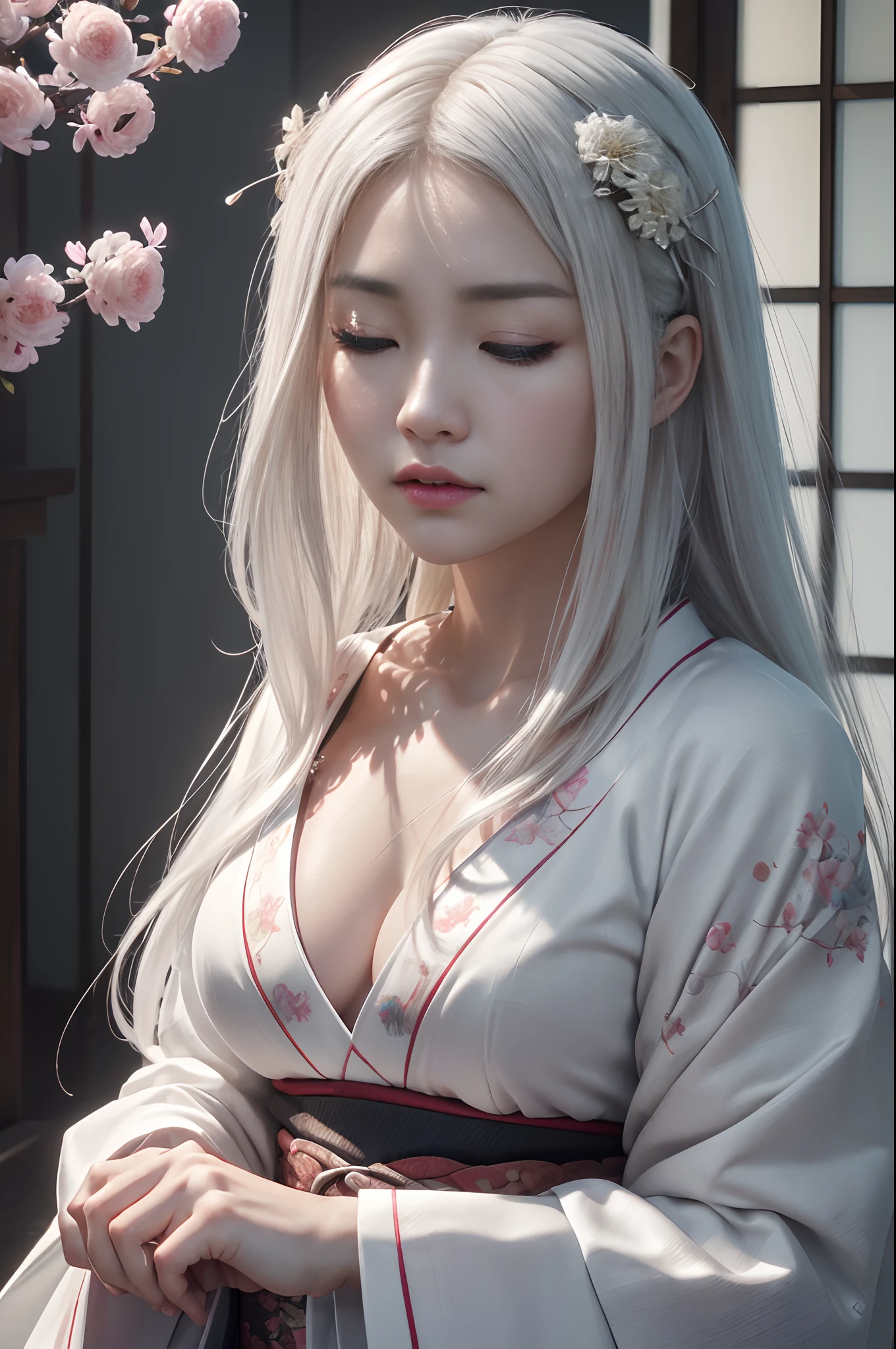 Traditional kimono with Japan eyes closed、Chrysanthemum、with floral pattern,Personification of the white snake,long white hair,Holding a dagger,sneering,(RAW shooting)、(hyper realstic、Top image quality)、8k、(realisitic、photoRealstic:1.3)、​masterpiece、超A high resolution、Stunning big、((Beautiful 35 year old Japan:1.3)Crystal clear white skin,Close your eyes tightly,A sexy,Natural soft light、(film grains、FujifilmXT3、8k uhd、Digital SLR、lens)、Hollywood lips、Wide jawline、wide lips、narrow beautiful nose、movie、(Up to 8K resolution for photos、complexly detailed、Convoluted、elegent、Expansiveness、Fantastical)、ultra-detailliert、Insane details、Beautifully color graded、unrealengine、The degree of freedom、Hyper-Resolution、Megapixel、cinematic lightening、Anti-aliasing、FKAA、TXAA、RTX、SSAO、Post-processing、Post Production、tonemapping、CGI、VFX、SFX、Insanely detailed and interesting、Hyper maximalist、hyper realstic、Volumetric、ultra photoreal、ultra -detail、intricate detailes、ultra -detail、fulcolor、Volume Lightning、HDR、reallistic、unrealengine、16K、Foconitide、octan render