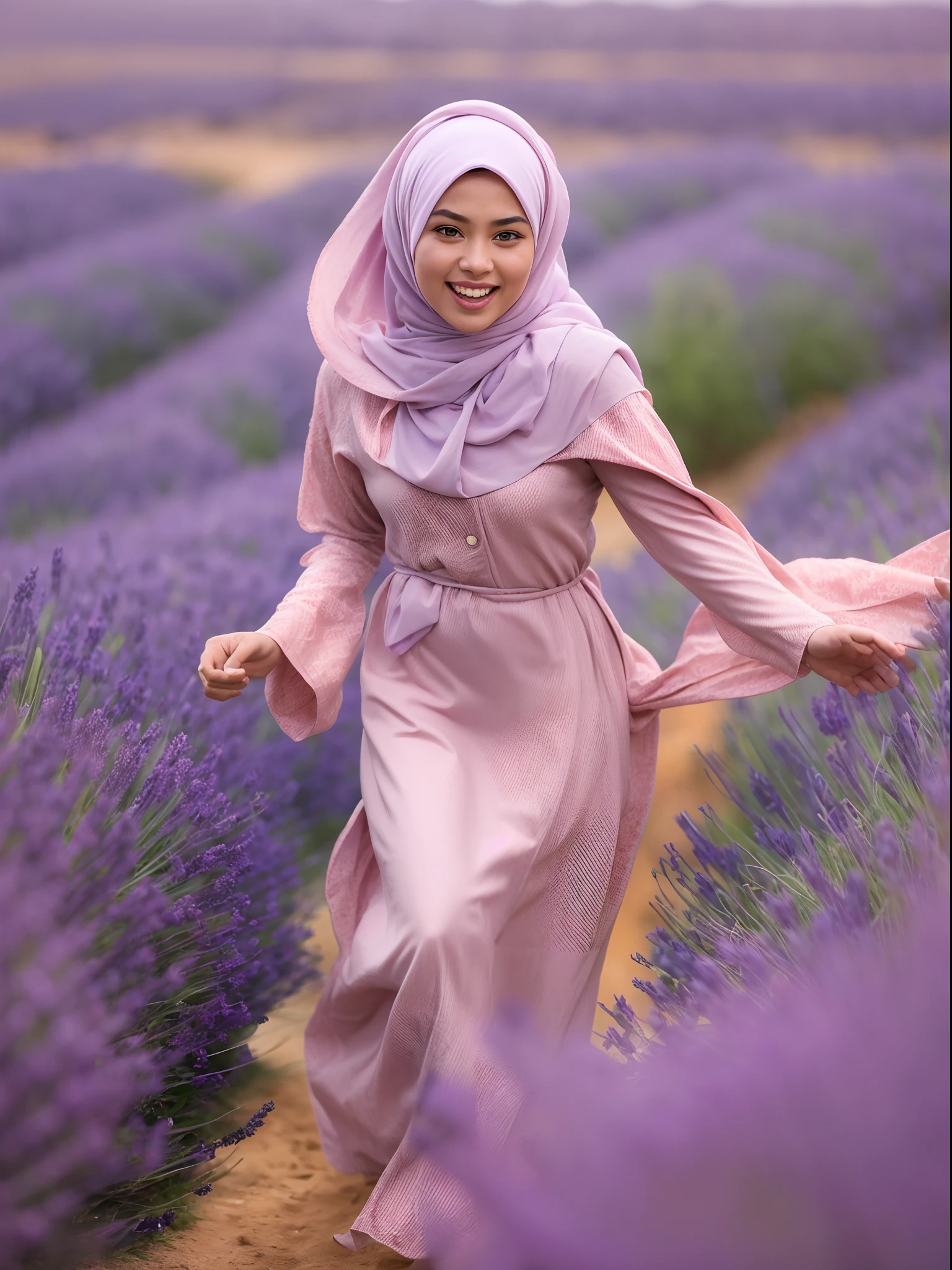Malay girl in long hijab wear baju kurung, pastel color, running happily in Lavender Fields, Provence – France , windy, blown her hijab, front view, detail skin, detail skin texture, mole below eyes, small breast, wide hips, small waist, thick thigh, slim abs, beautiful body, sunrise, laughing, happy, bright lighting, blur background, bokeh, 4k, ultra detail, high quality photo,