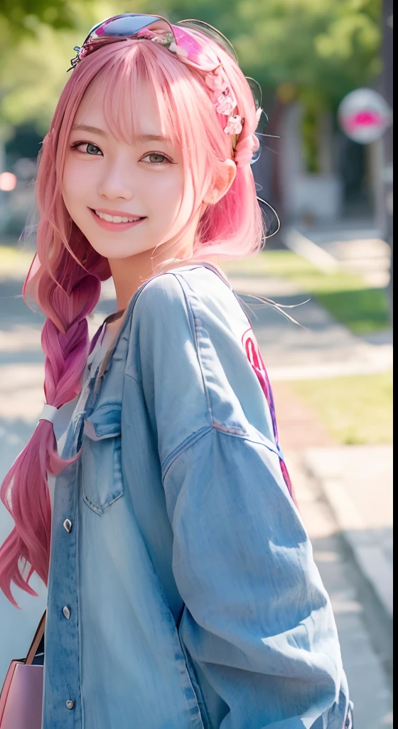(8K、top-quality、masterpiece:1.2)、(reallistic、Photorealsitic:1.37)、The ultra-detailliert、女の子1人、18year old、Medium chest、Beautie、Beautiful and perfect face、Natural smile、独奏、holiday、Bustling street、shopping、Fashionable clothes、Redness of the nose)、(A smile:1.5)、(With mouth closed) 、beautidful eyes、(long:1.2)、Floating hair 、Middle hair、Pink Hair Medium Hair, (Pink hair), Ear Hair, small tits, Single braid, (Single braid), (Side braid),Checked shirt