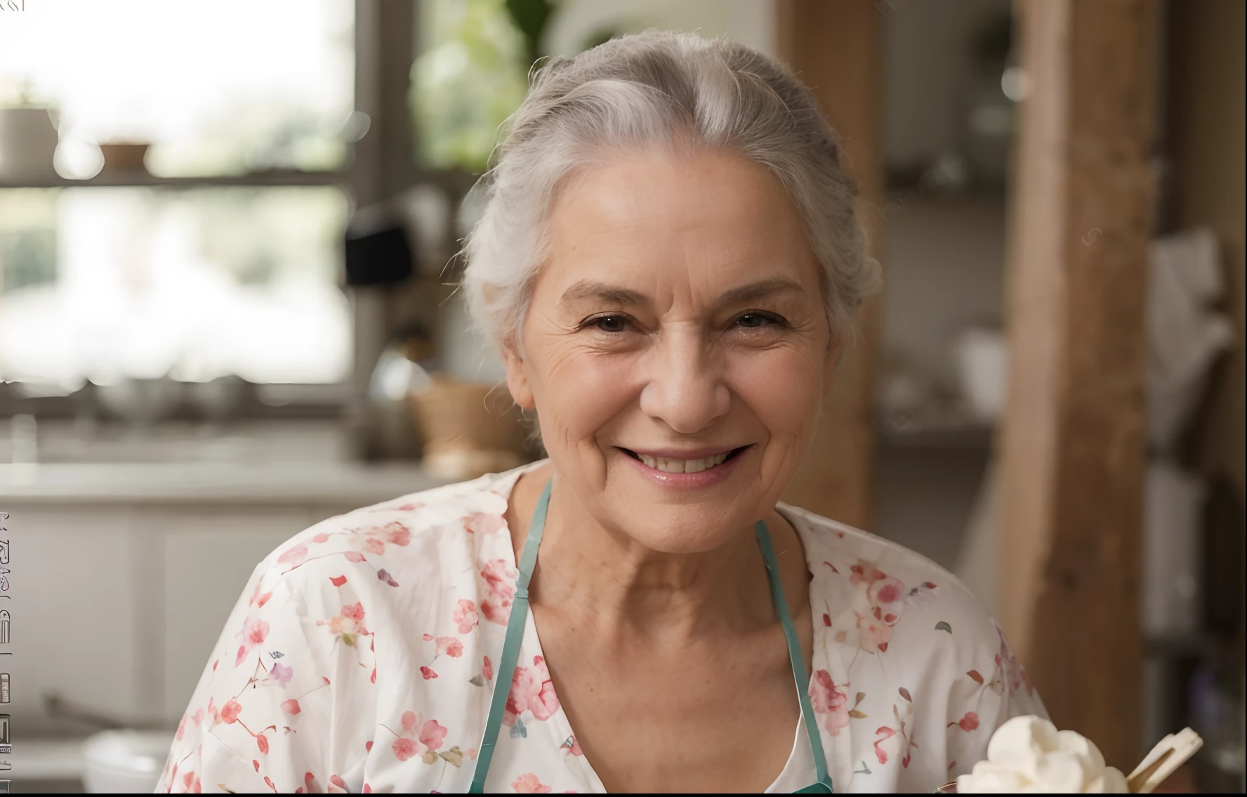 80 Year Old Woman Smiling, con delantal de cocina. Hiperrealista 4k. La anciana debe estar en el lado izquierdo de la imagen. Lilac Solid Color Background.
