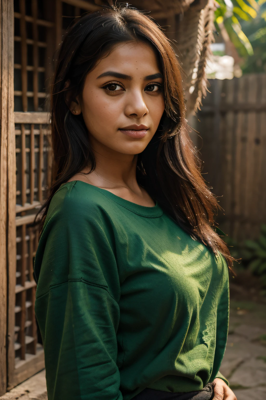 arafed woman flirting, oversized green t-shirt and black jeans, photo of a woman, mid shot portrait, candid picture, 7 0 mm portrait, photo of young woman, 60mm portrait, candid portrait photo, wearing bihu dress mekhela sador, portait image, candid portrait, taken with canon eos 5 d mark iv