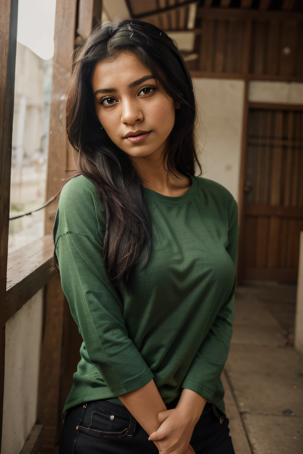 arafed woman flirting, oversized green t-shirt and black jeans, photo of a woman, mid shot portrait, candid picture, 7 0 mm portrait, photo of young woman, 60mm portrait, candid portrait photo, wearing bihu dress mekhela sador, portait image, candid portrait, taken with canon eos 5 d mark iv