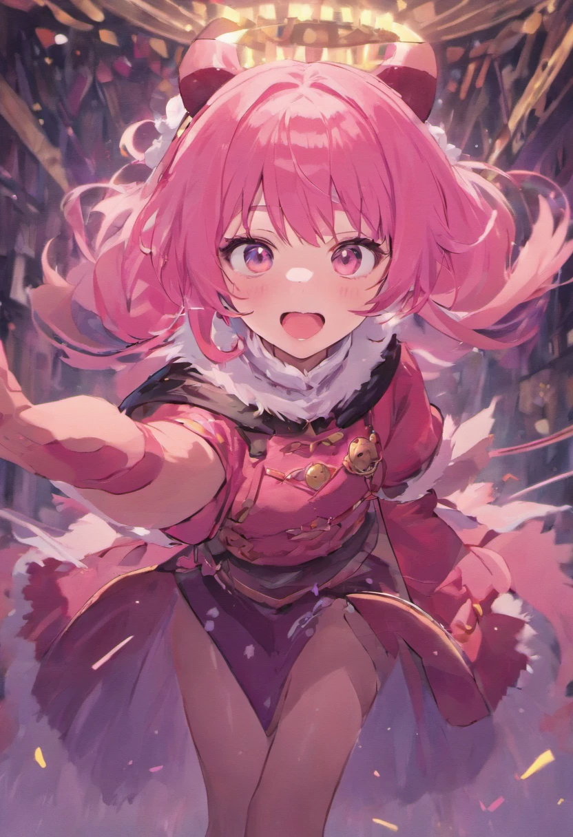 Masterpiece,1girll, serine,Pink_Hair, mitts, black_mitts, fur_Trim, Open_Mouth, Smile, bell, Solo, Red_Headwear, Pantyhose, White_Background, Pink_Eyes,