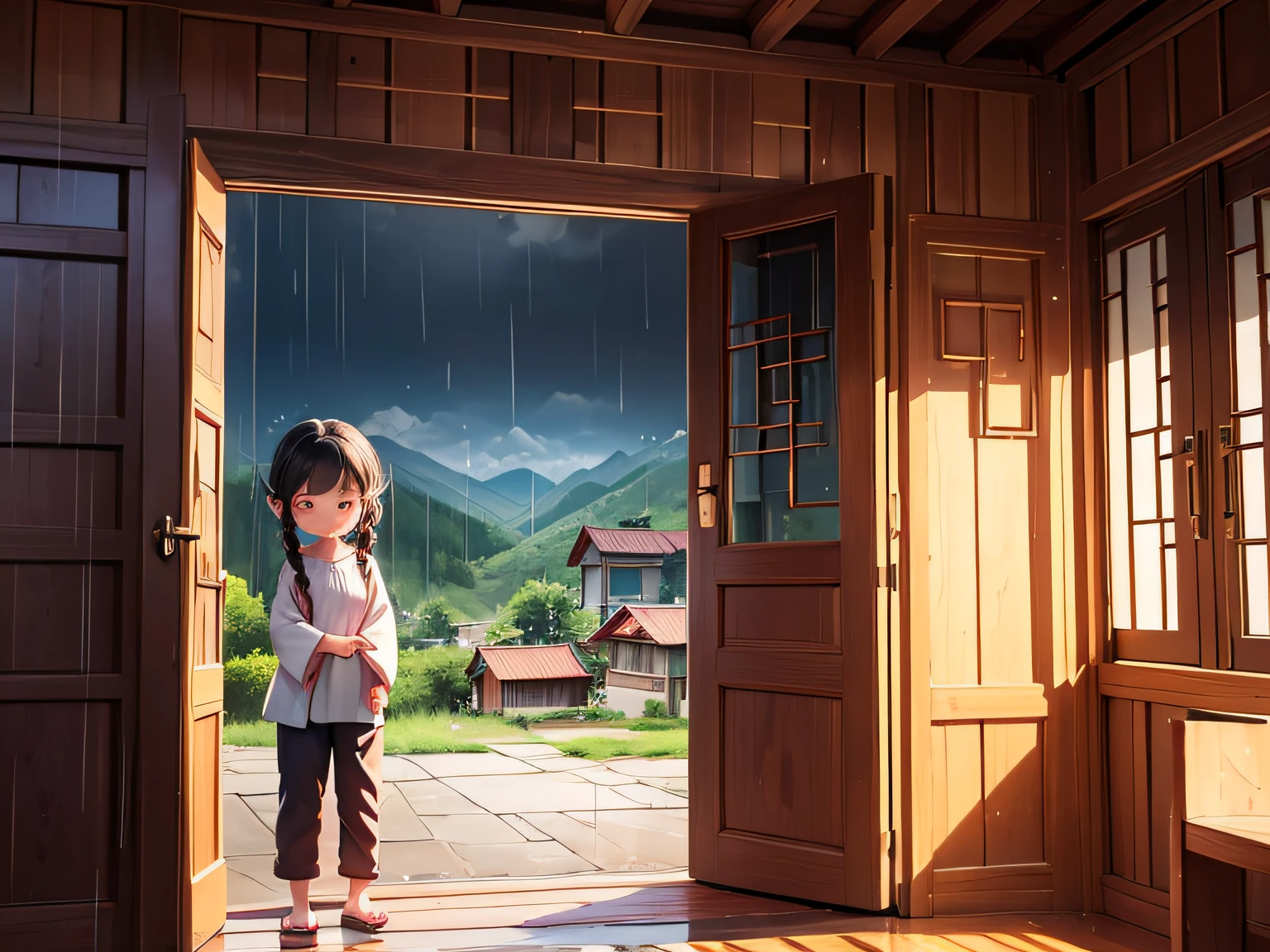 A  Chinese girl，Twisted braids，There is a blush on the face，Pants in a blue ethnic blouse，Stand at the door，It was sad to watch the heavy rain outside the door，The girl lived in a house in the village，The house is a wooden house，Surrounded by mountains and waters，