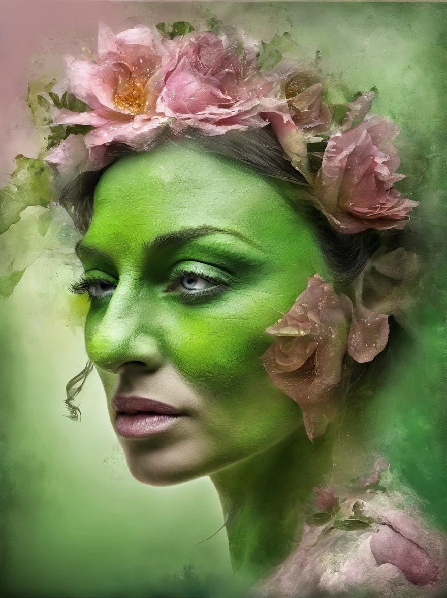 3D Puzzles , Beauty-Looks , Rothaarige, Explosiver Gefechtskopf, Maschinenteile, die in das Gesicht eingebettet sind, Transient, inspiriert von Igor Morski, Dramatisches Kunstwerk, Fotomanipulation, Foto-Manipulation, Zerfall, Explosion von Datenfragmenten, Hm, Offizielle Kunst, Unglaublich hohe Details, Photoshop-Kunst, Rauscheffekt, light green, auch rosa