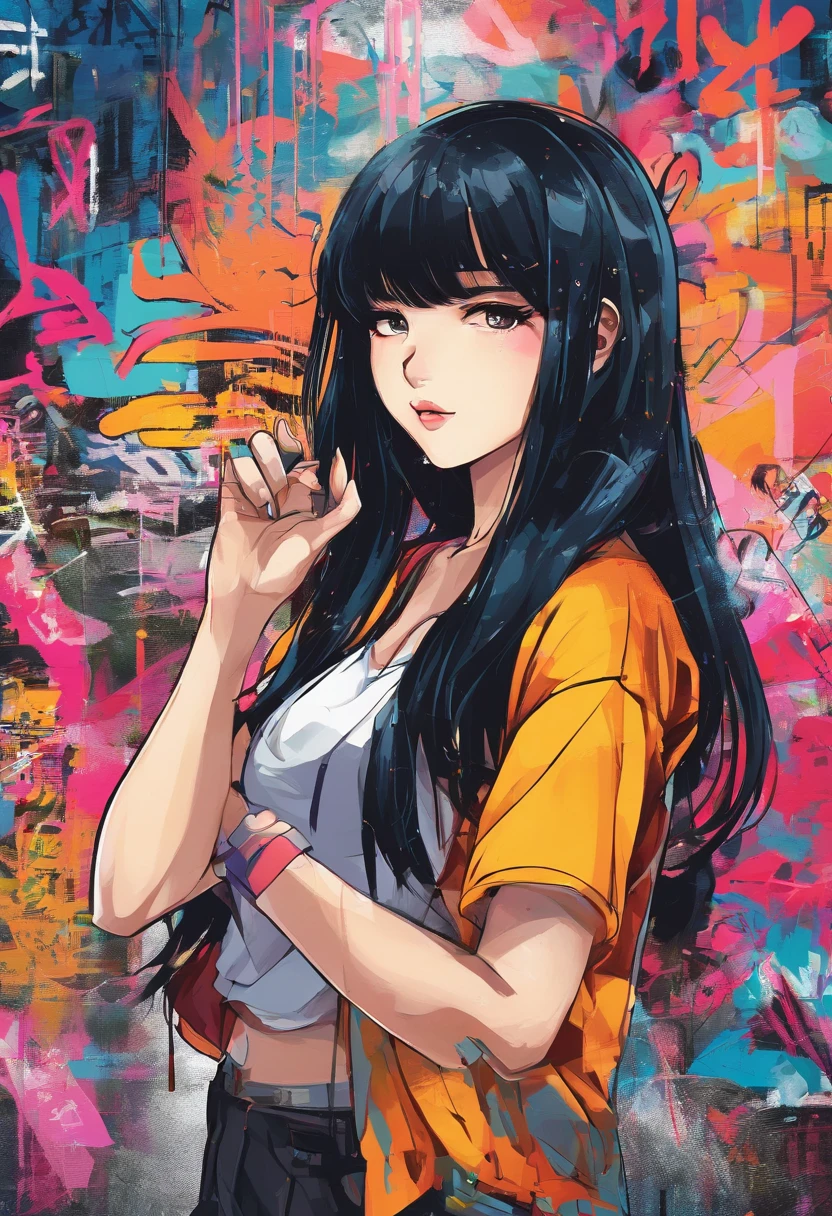 Oil Style、digitalart、1990s anime style、Black hair Long hair　Straight、Japan beautiful girl、18year old、Blunt bangs